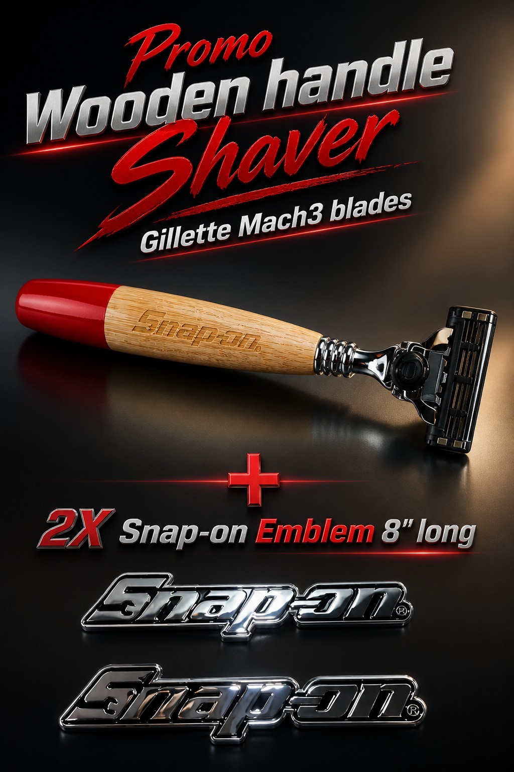 2PK SNAP ON TOOL LOGO EMBLEM Chrome Badge Decal 8"+RED Shaver Gillette Blades NW