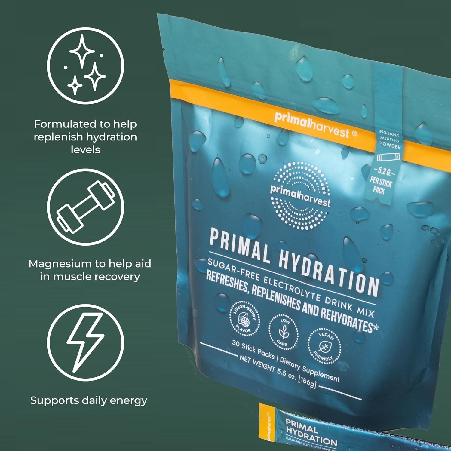 Primal Harvest Electrolyte Drink – Zero Sugar, Magnesium Boost, Lemon Berry, 30