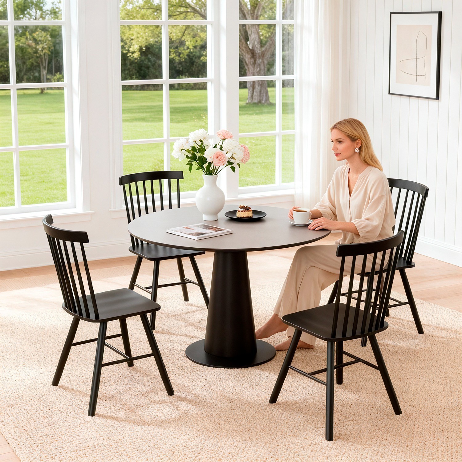 Dining Chairs Set of 4, Spindle Back Wooden Dining Room Chairs w/ Wide Backrest