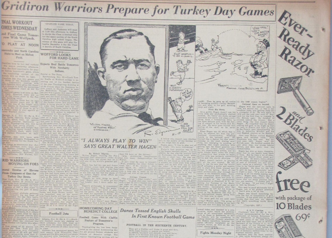Vintage 1927 Walter Hagen Golf Newspaper