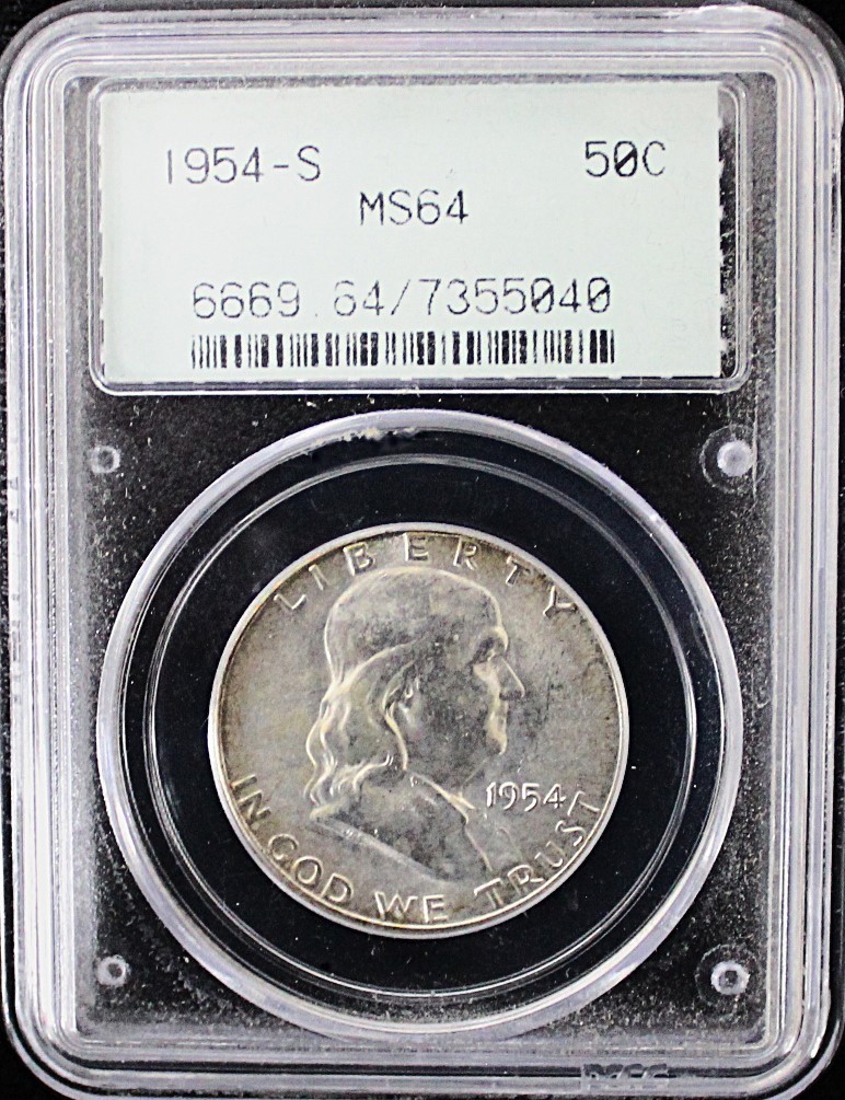 1954-S US 50C Franklin SILVER Half Dollar - PCGS MS 64