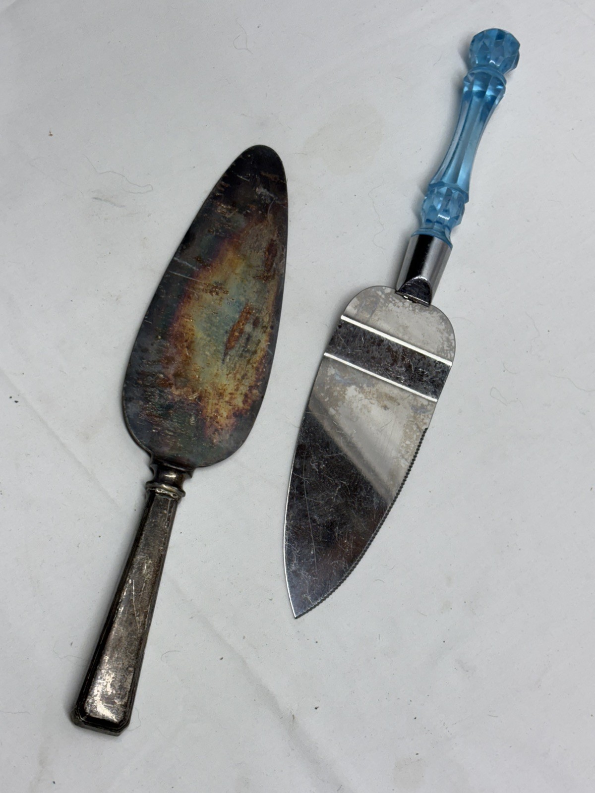 Vintage Silverplate Monogramed " P" and Faux Crystal Blue Cake Serving Knifes