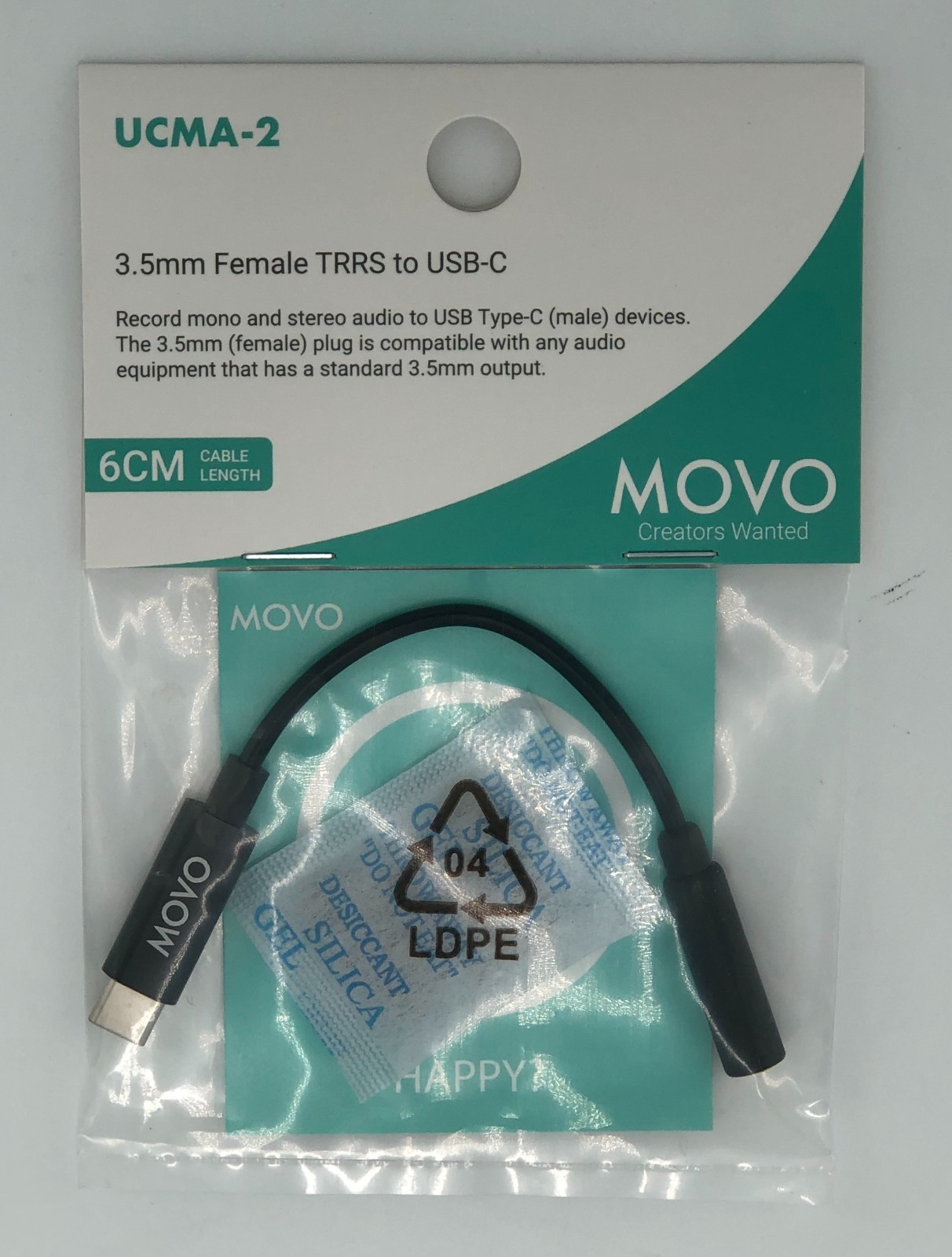 Movo Photo UCMA-2 Female 3.5mm TRRS to USB-C Male Microphone Adapter Cable, 5.5"