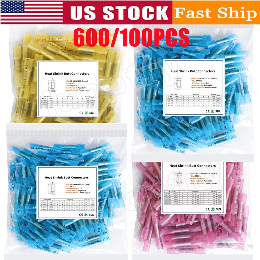 600Pcs Heat Shrink Butt Connectors Marine Grade Waterproof Crimp Wire Terminals