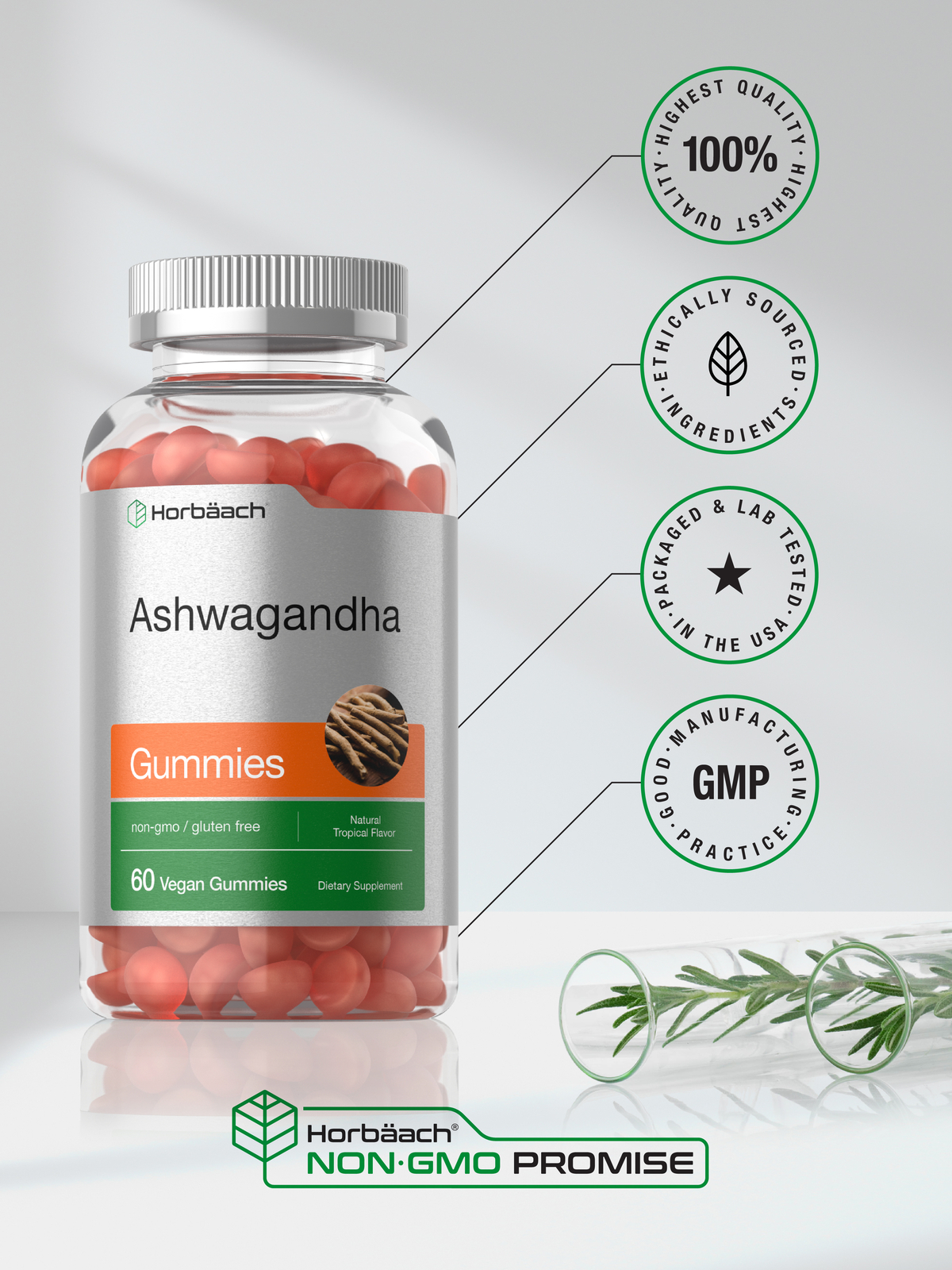 Ashwagandha Gummies | 60 Count | Vegan, Non-GMO | Tropical Flavor | by Horbaach