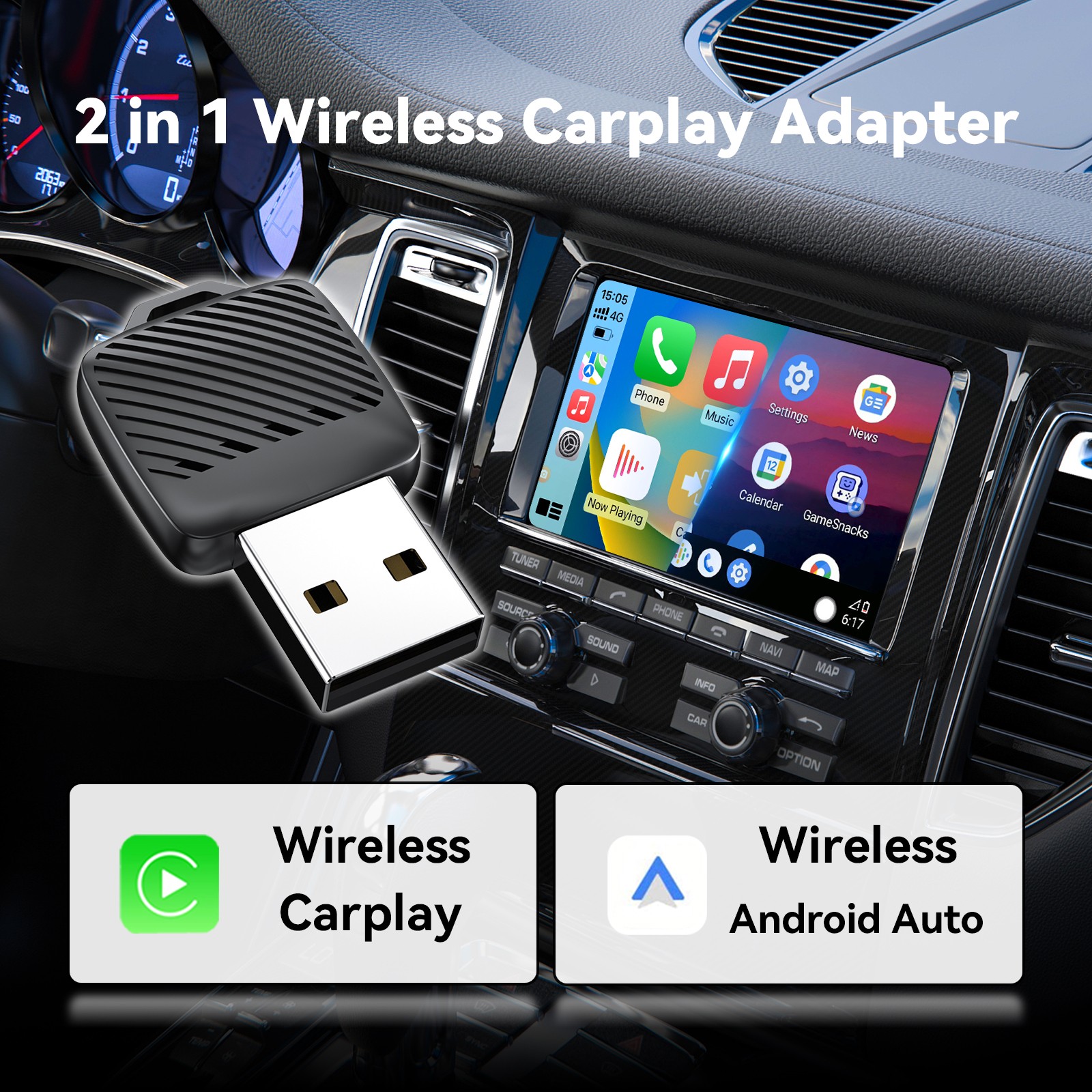 2 In1 Wireless Carplay&Android Auto Adapter Wired To Wireless Carpay