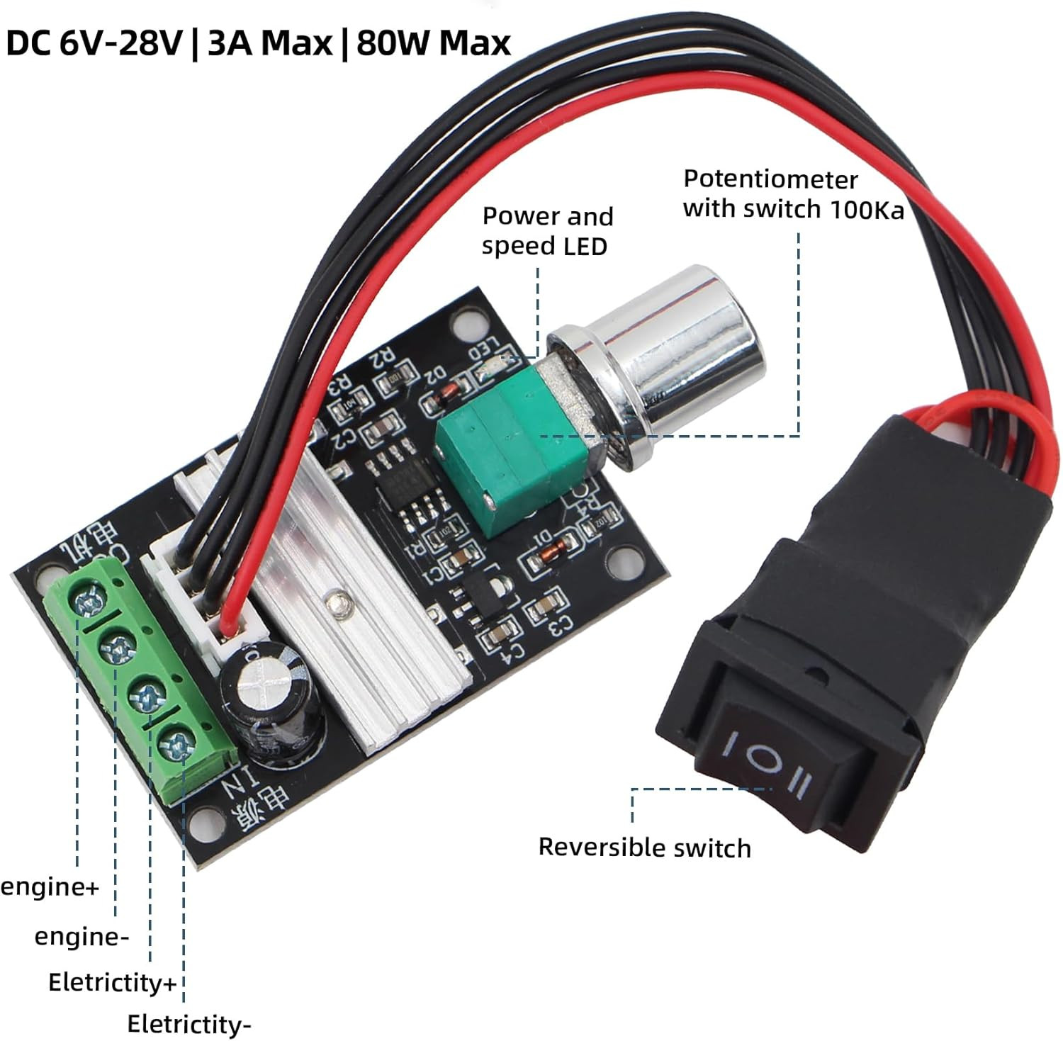 PWM DC Motor Speed Controller – 6V-28V 3A Reversible Speed Regulator with Forwar