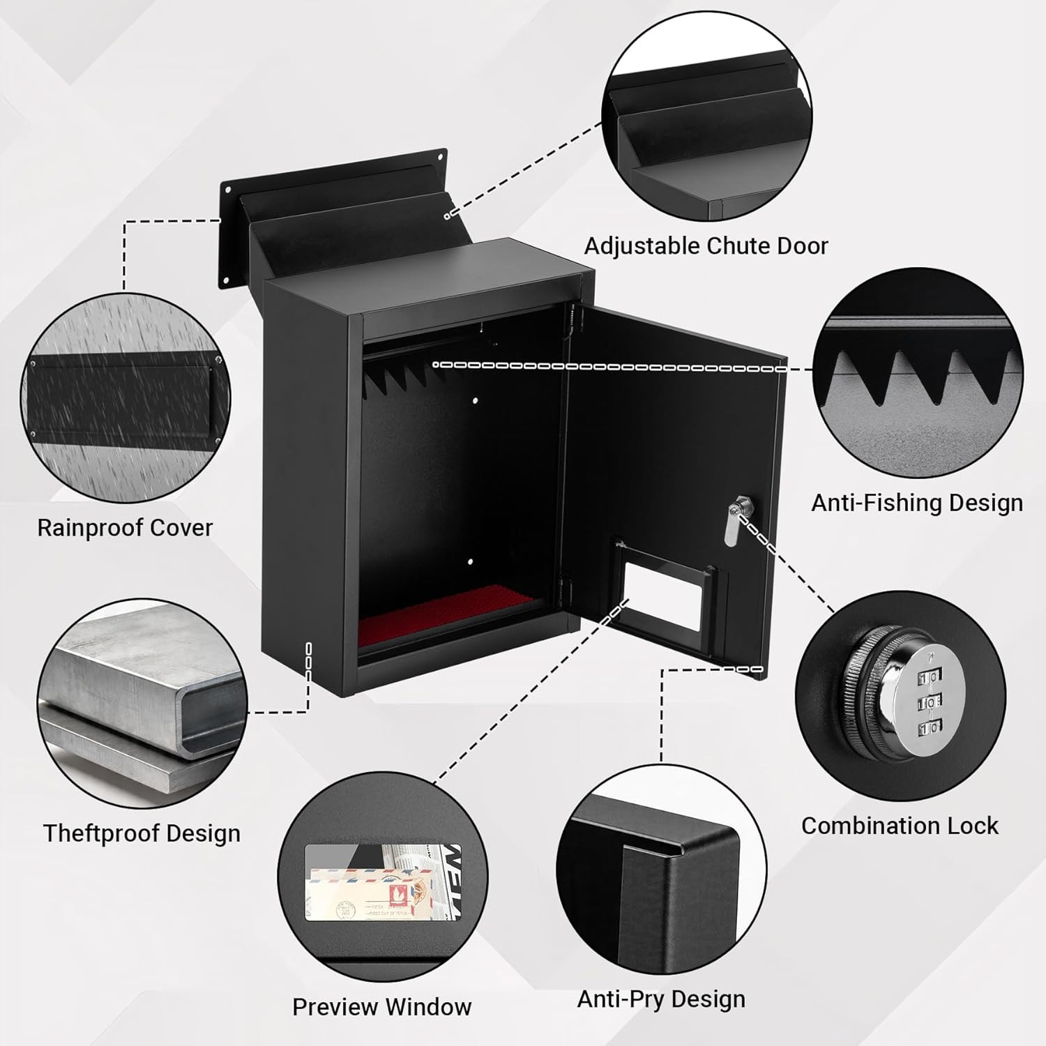 Through-the-Wall Drop Box Safe, Adjustable Chute, Rainproof Mail Slot, Black