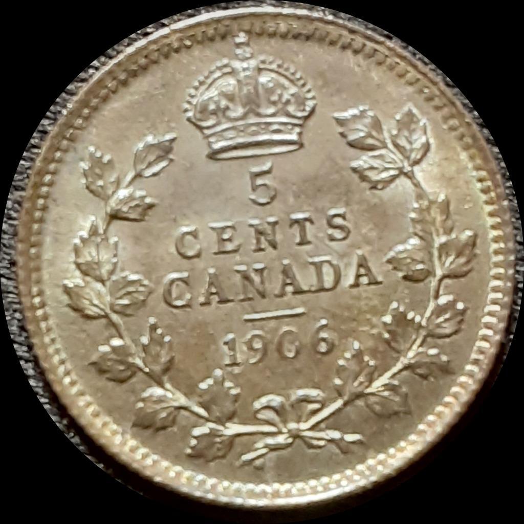 Canada 1906  5 cents, old silver world coin BU  #0140 nice lite  tone