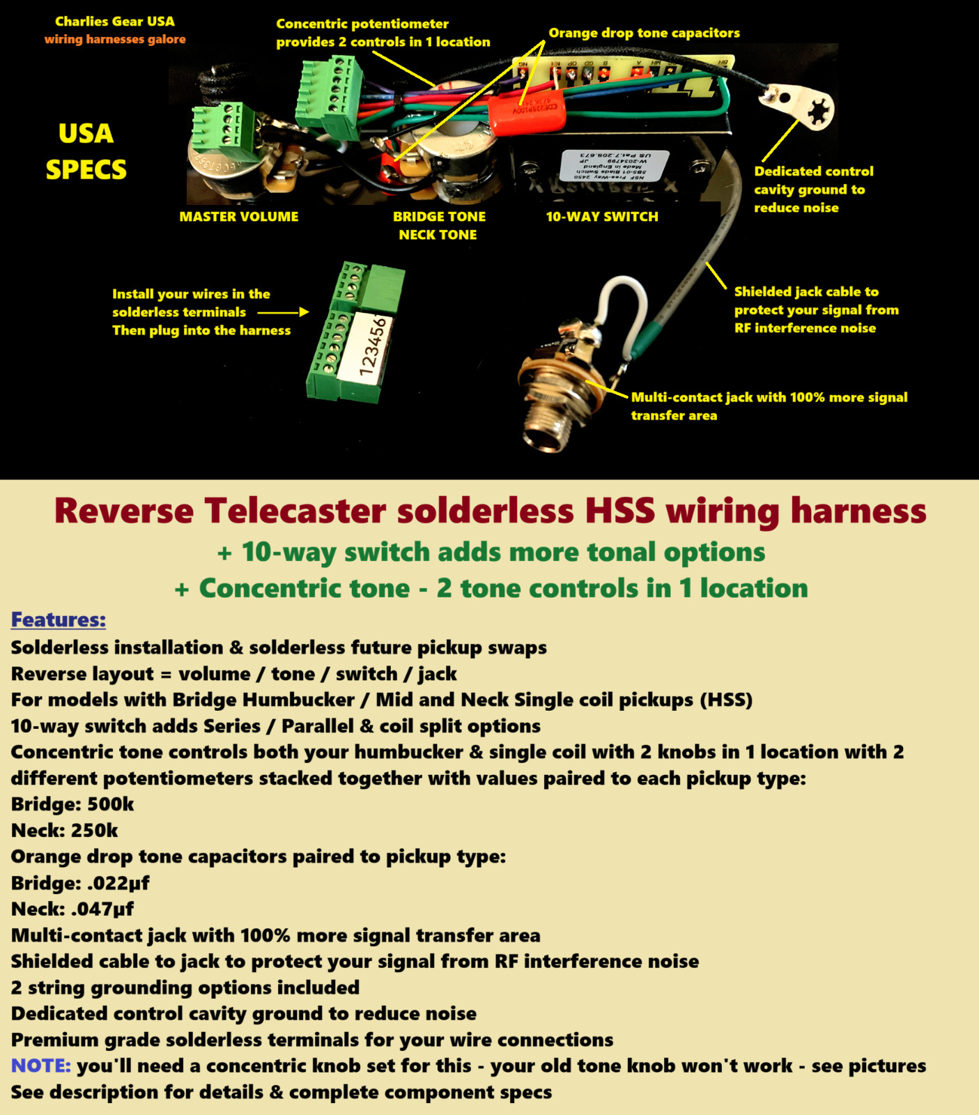 Reverse Telecaster Solderless 10-way HSS Wiring Upgrade +Concentric Tone