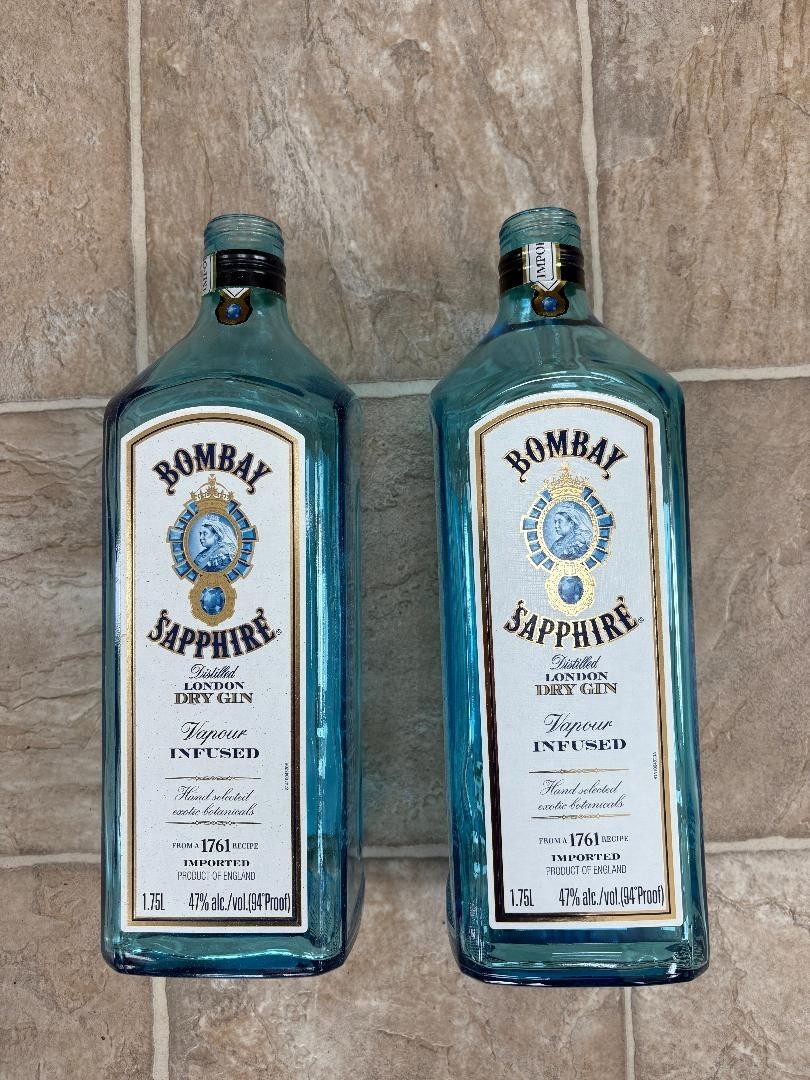 Set of 2 Bombay Sapphire London Dry Gin EMPTY Bottle w/cap 1.75L Craft BlueGlass