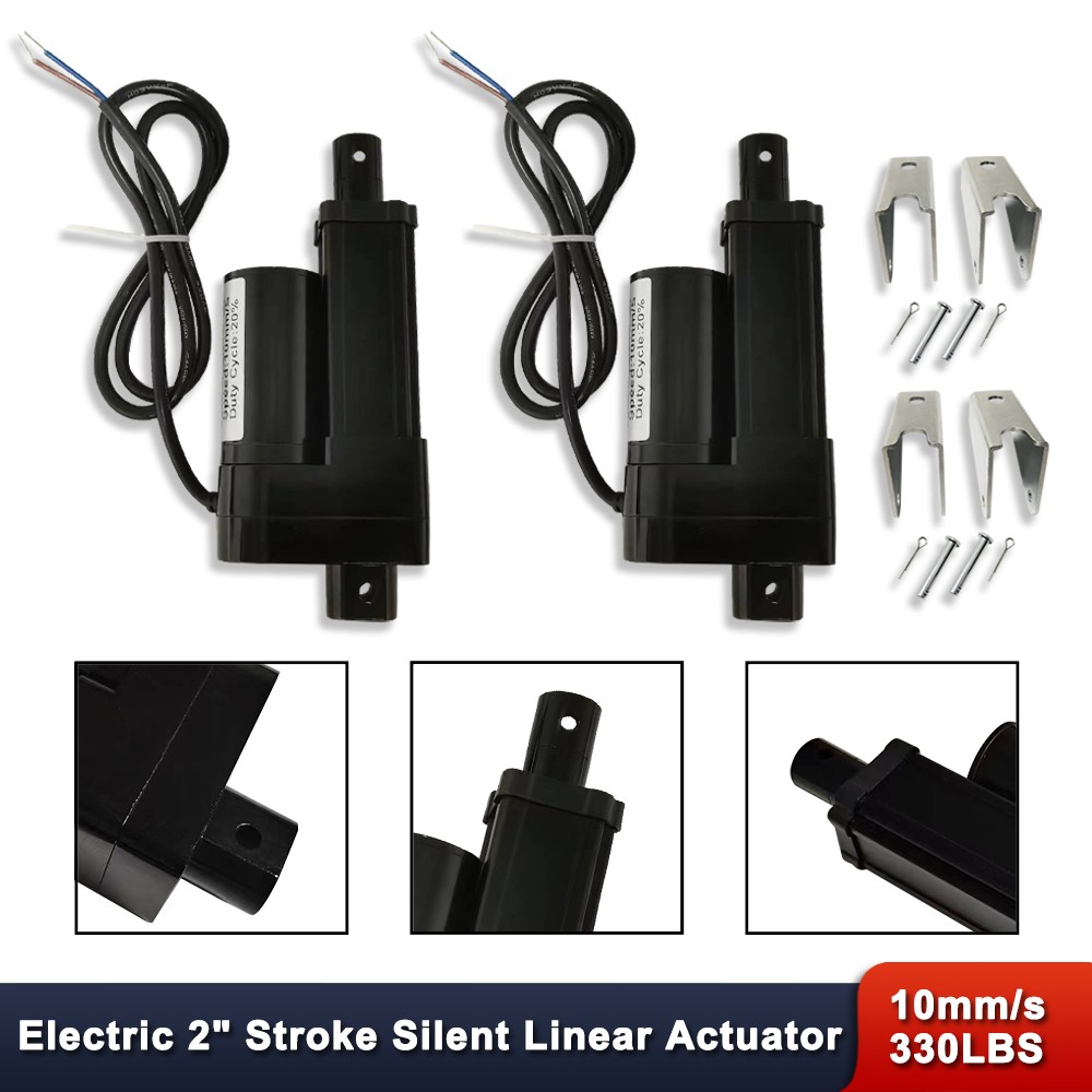 2PCS DC12V 1500N 10mm/s 2" Stroke Silent Mode Linear Actuator & Brackets Black