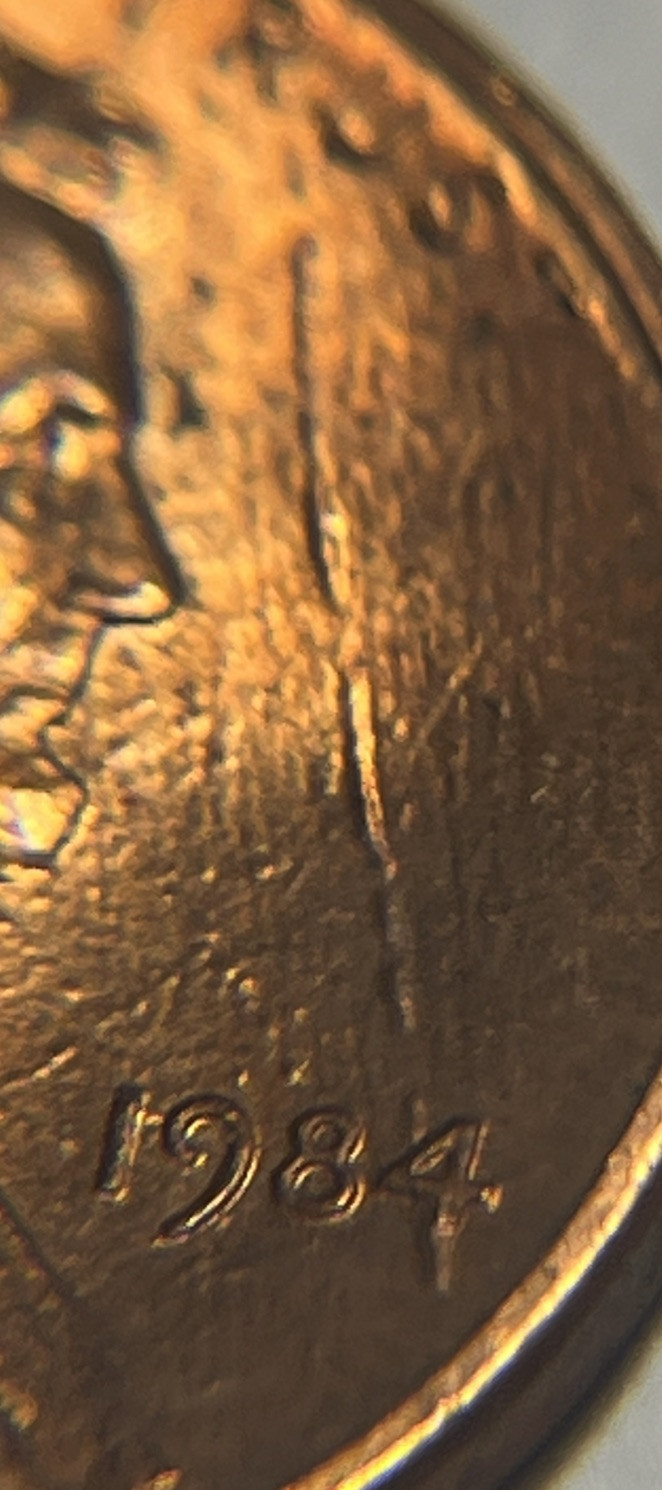 1984 Penny Error Long Die Crack Though Date & Strike Through Error Grease UC