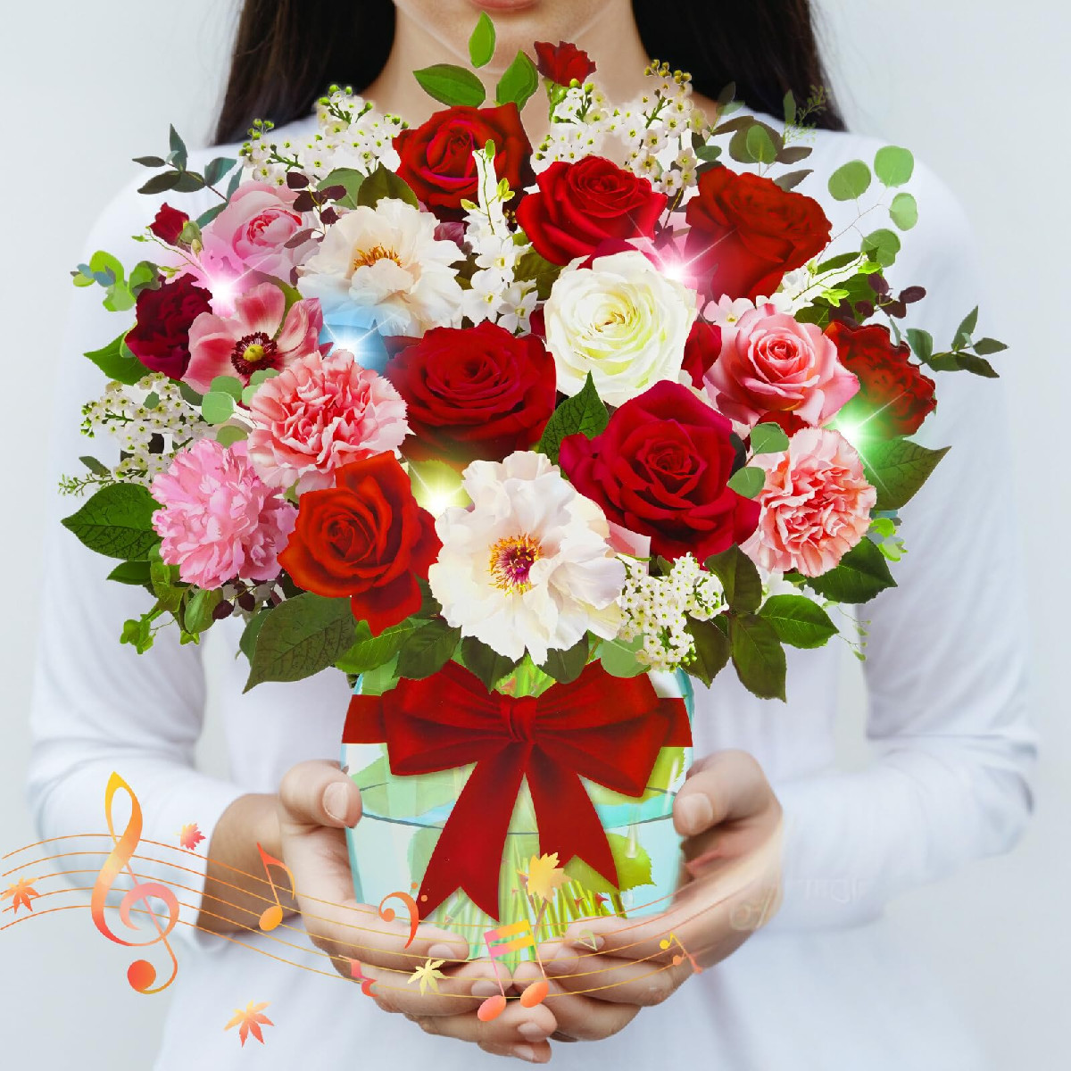 APOTODITO Pop Up Card w/ Music & Light, Christmas Roses Flower Bouquet Gift