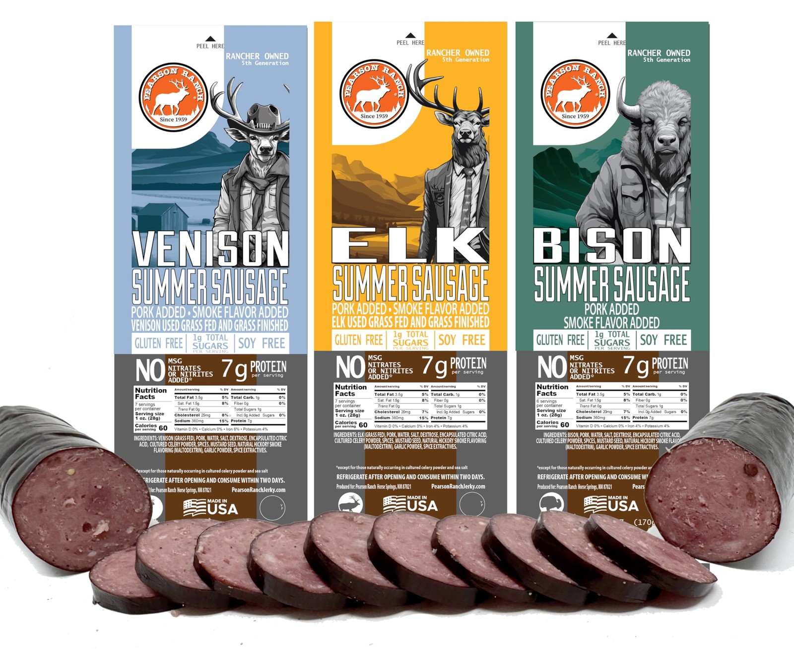 Wild Game Meat Summer Sausage Sampler Pack of 3 - Elk, Buffalo, Venison Summer S