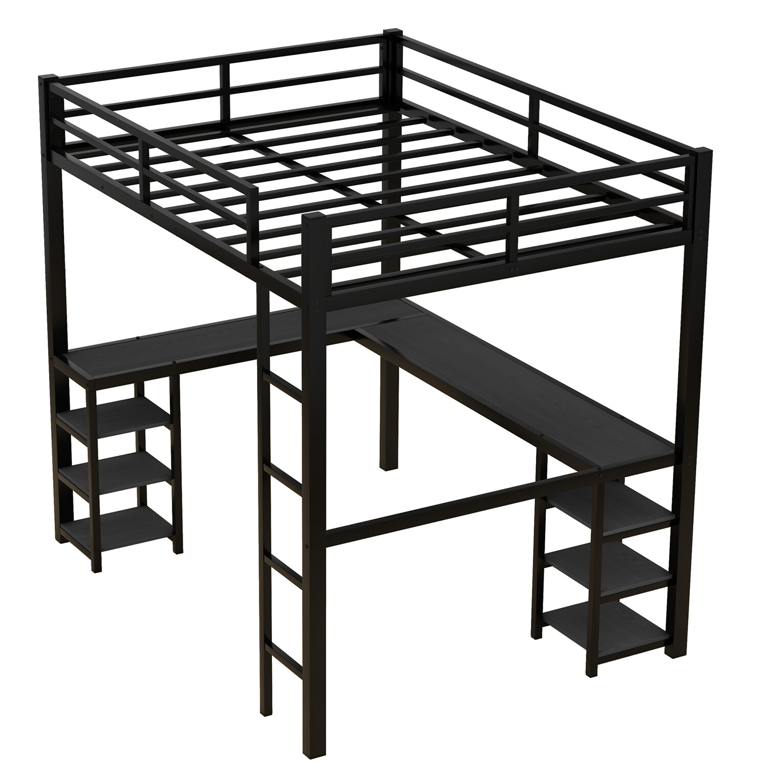 Full Size Loft Bed Metal Bed Frame w/ Desk and Storage Shelves Black