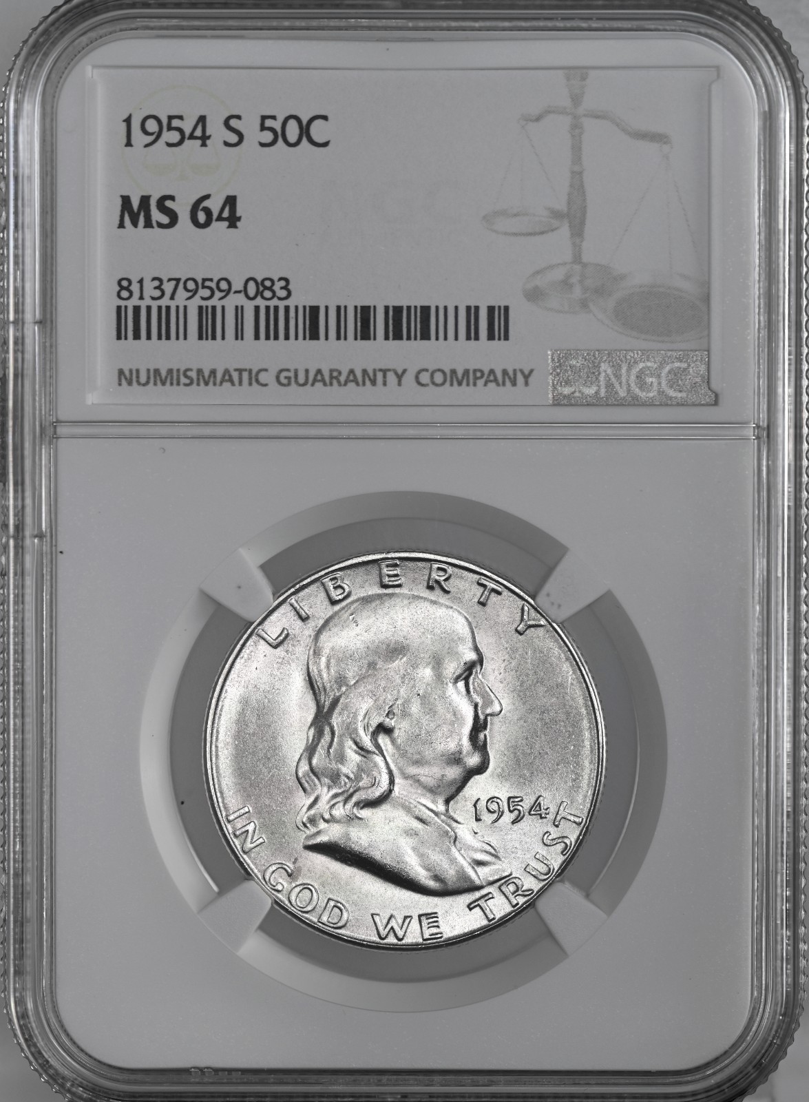 1954-S  50C FRANKLIN SILVER HALF DOLLAR "SAN FRANCISCO"  NGC MS64 #8137959-083