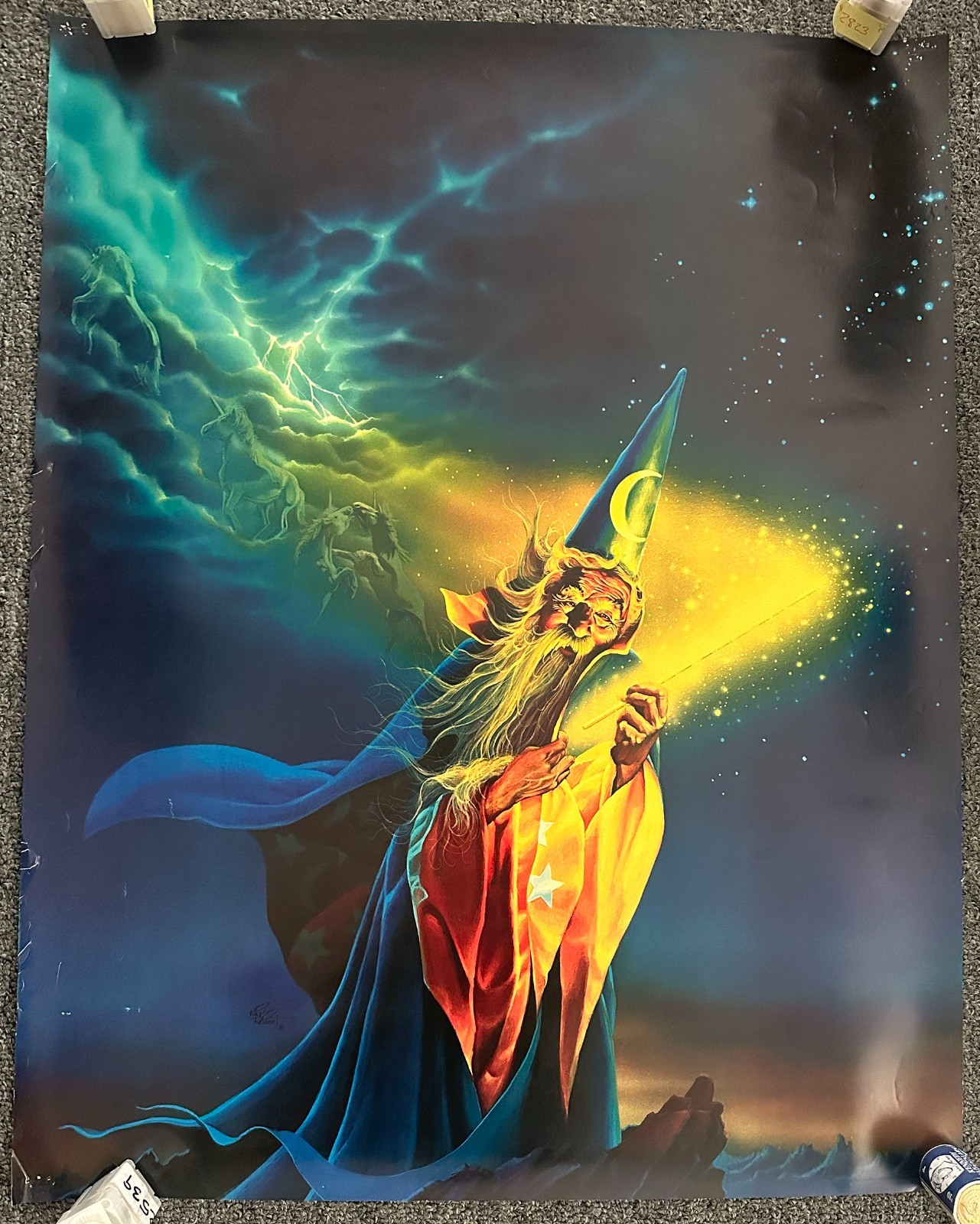 1980's Poster w/ Wizard and Unicorns in the Night Sky, 28" x 22"