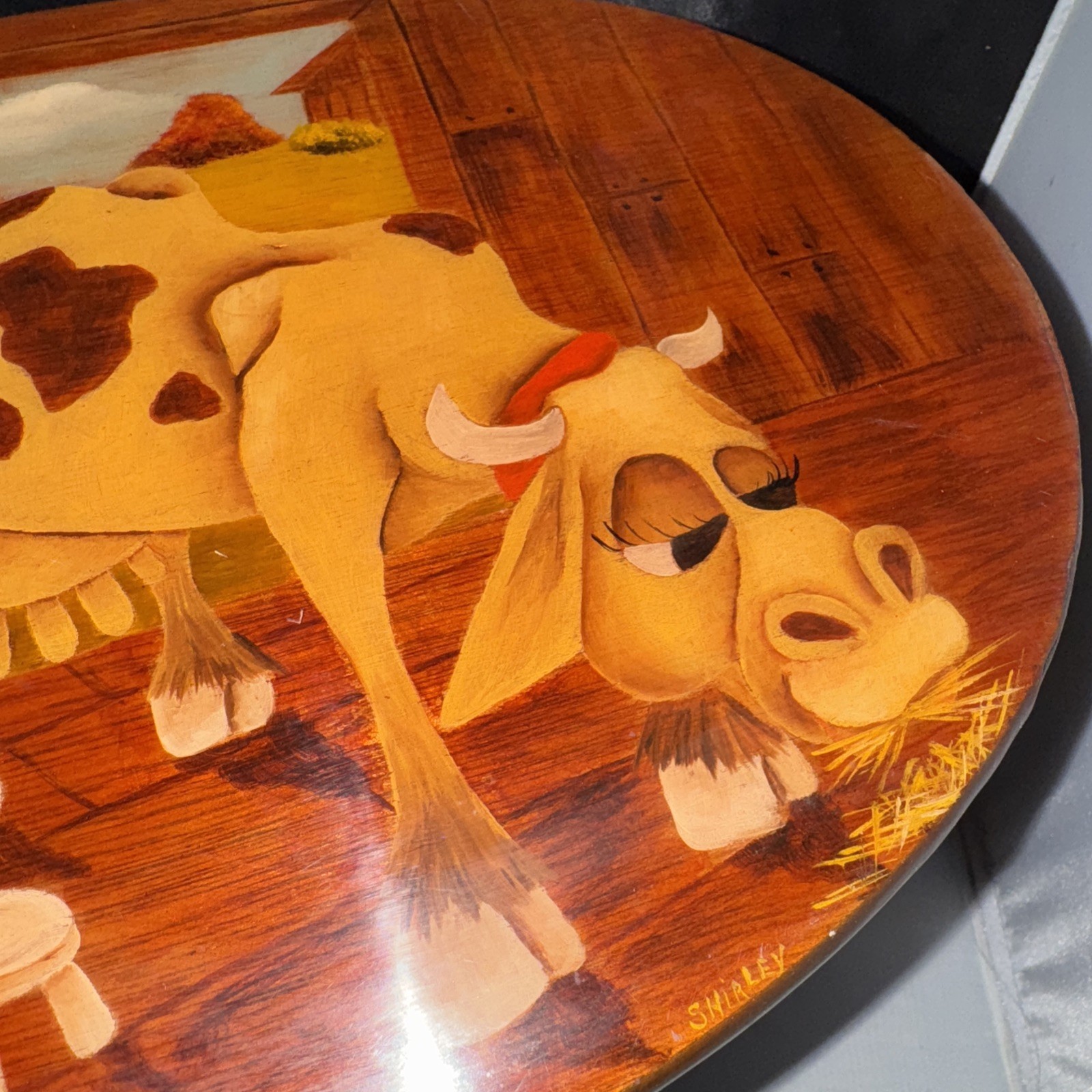 Vntg Hand Painted Milking /Kids Stool, Barn, Girl And a Cow Clear Lacquer (F)