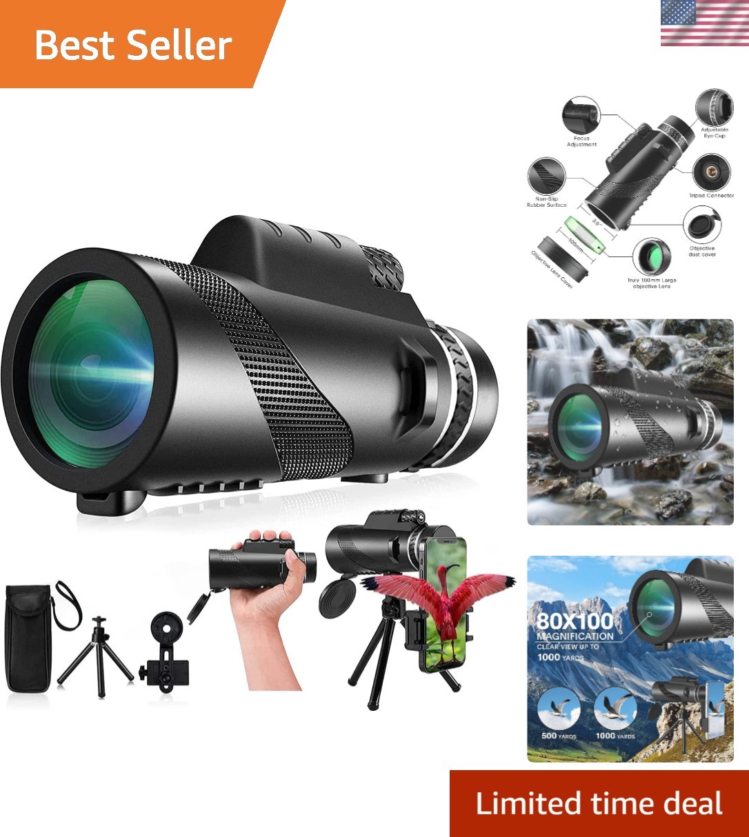 Portable 80x100 Monocular with Tripod & Phone Holder for Bird Watching & Hiking