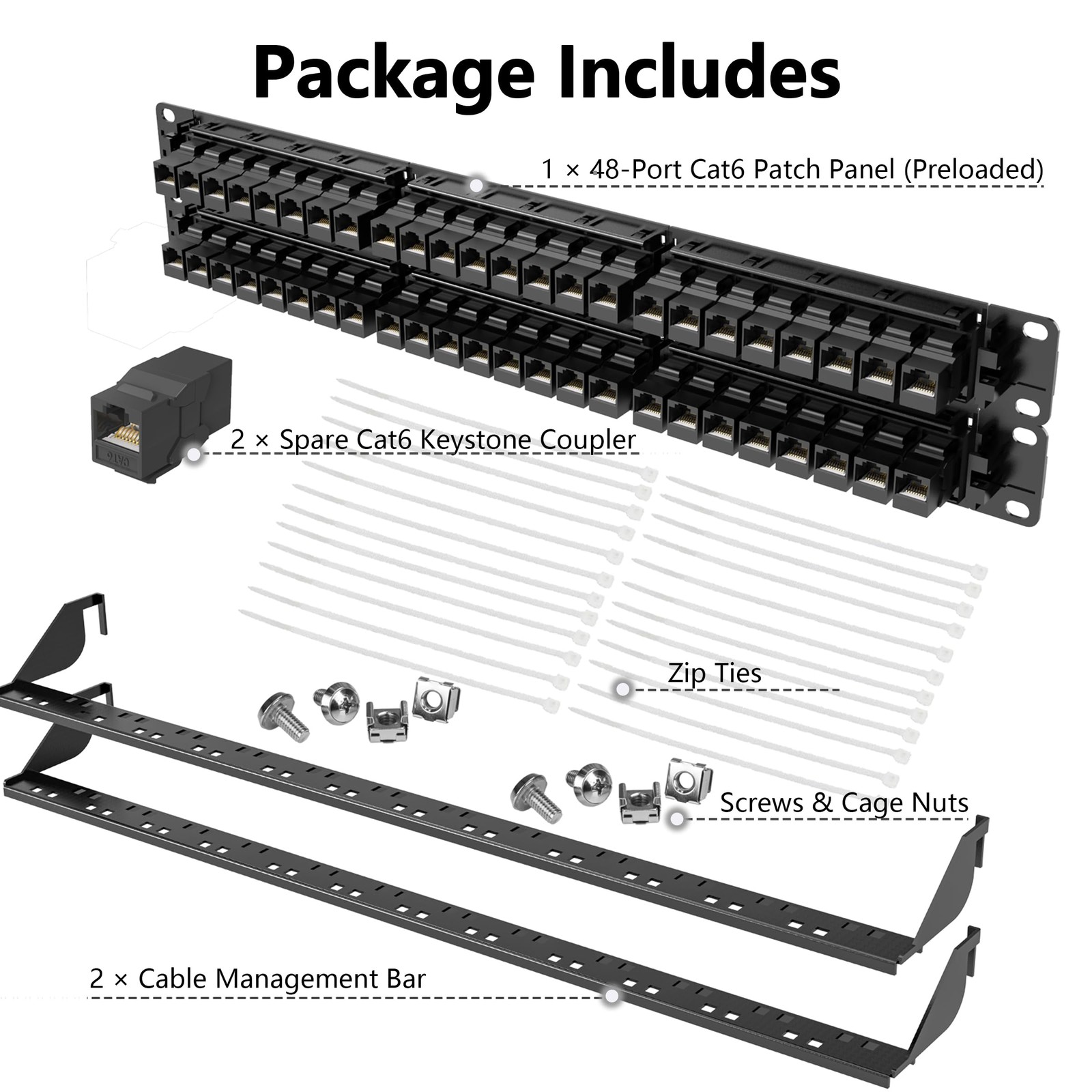 Jadaol [UL Listed] 48 Port Patch Panel Rackmount or Wall Mount 19-Inch, 2U Ca...