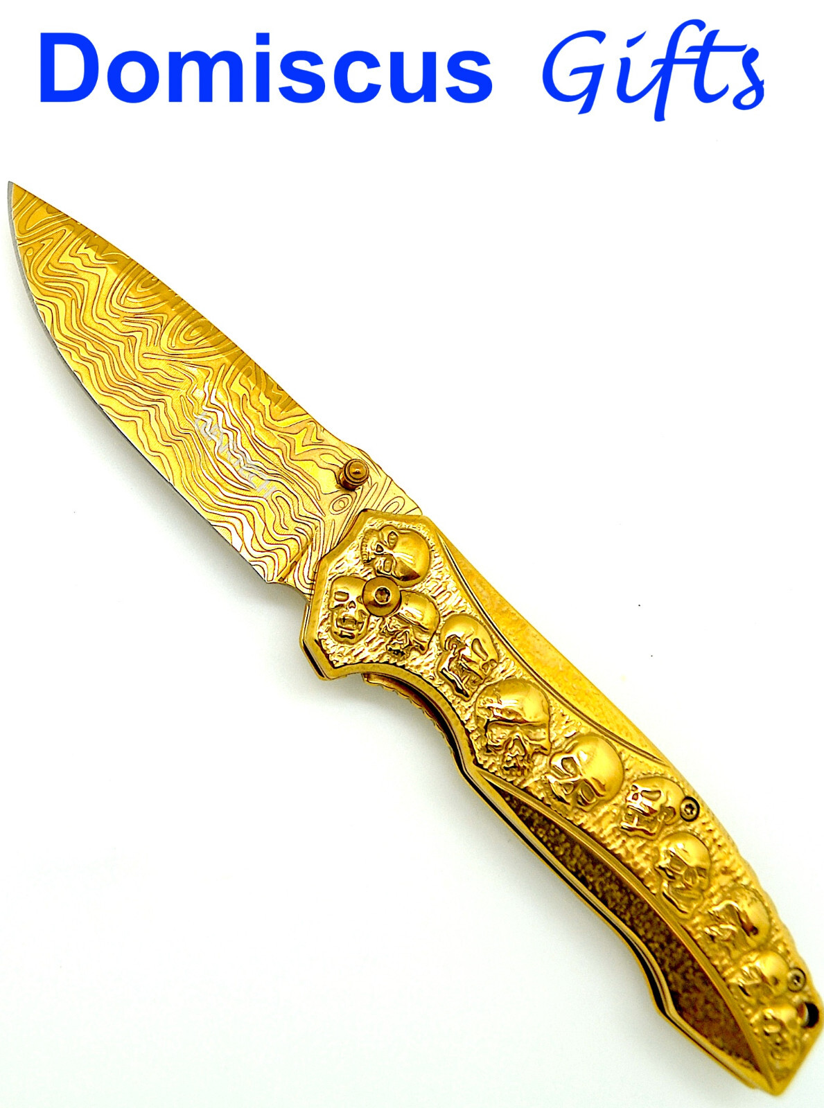 8 1/4" NEW! Stainless WARTECH Gothic GOLD Skulls POCKET KNIFE Folding Knives