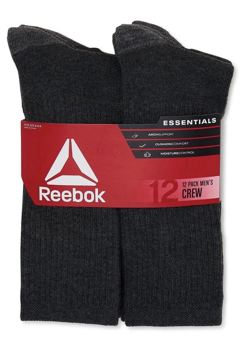 Reebok Men's Socks, Essentials Cushion Crew Socks, 12-Pack, Sizes 10-13