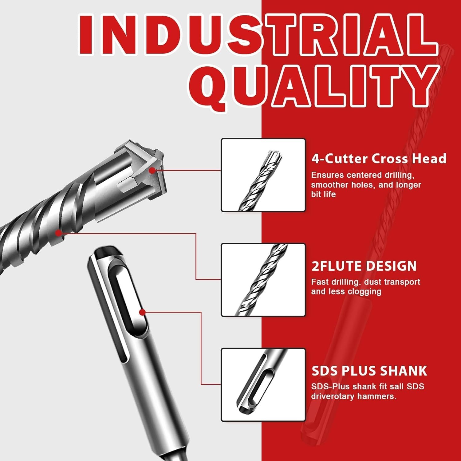 1-1/4" x 18" 2 Pack SDS Plus Concrete Drill Bit, Cross Carbide Tip