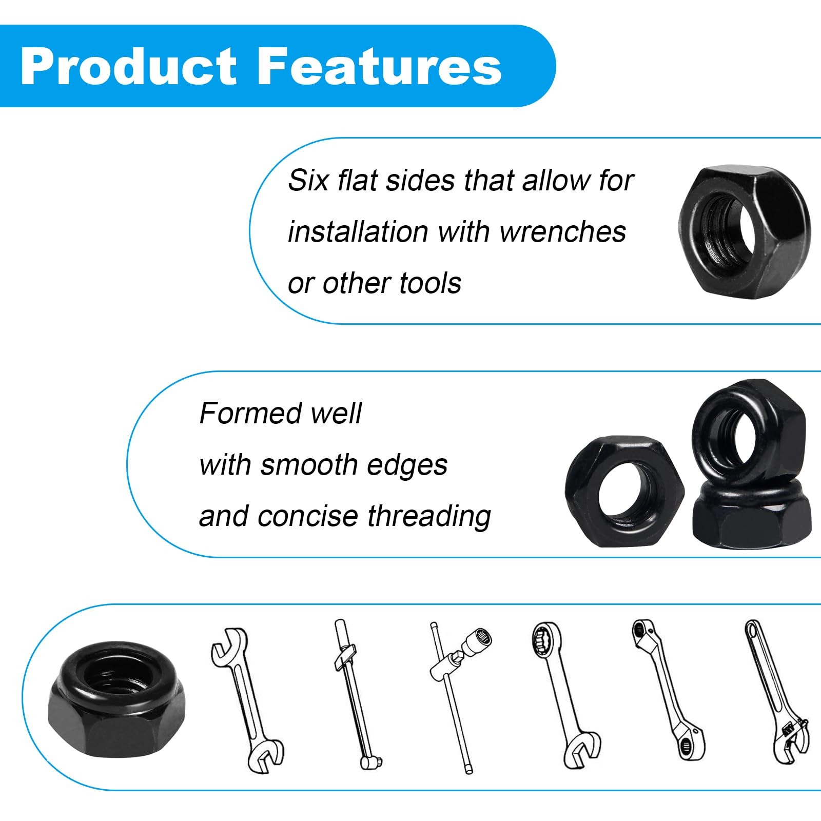 Yinpecly 50Pcs #8-32 Nylon Insert Hex Lock Nuts 304 #8-32; 50pcs, Black