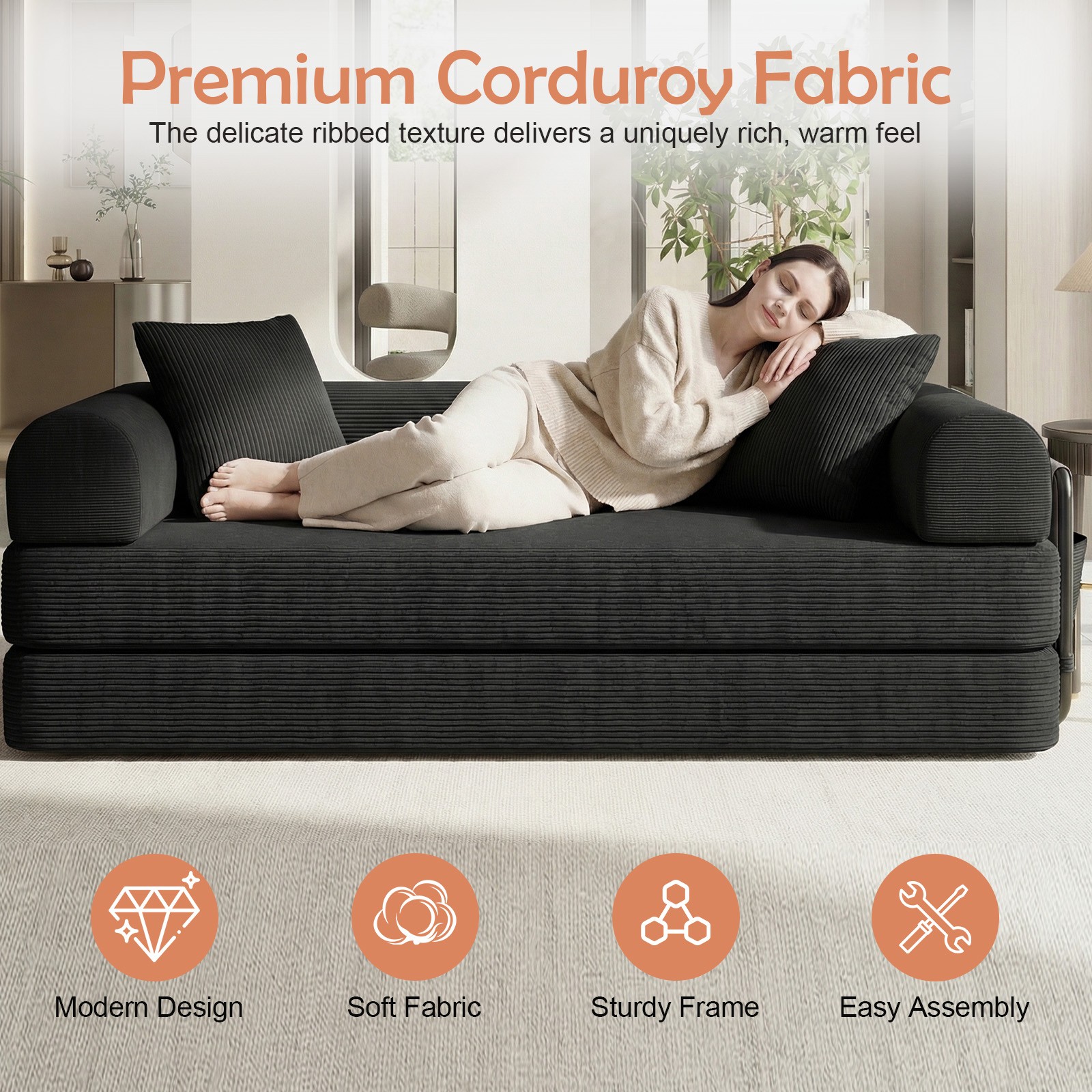 Sofa Bed Couch Sleeper Convertible Pull-Out Bed Couch With Side Pockets Washable