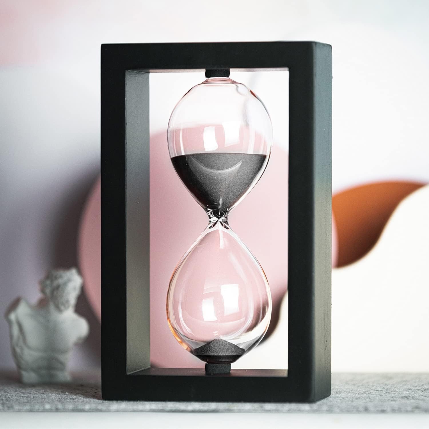 Hourglass 60 Minute Decorative Sand Timer, Black Wooden Frame Black Sand Clock