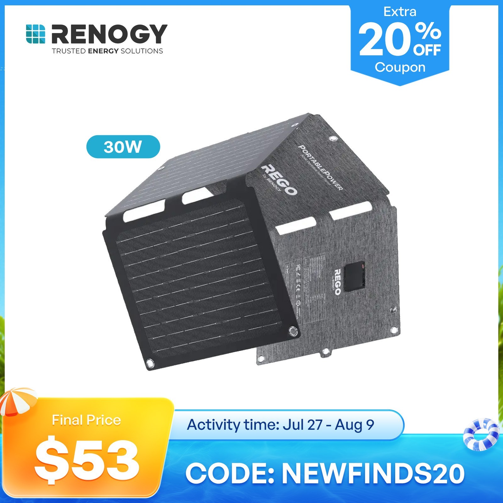 Renogy E.FLEX-SE 30W PRO Portable Solar Panel Fast Charging For iPhone iPad