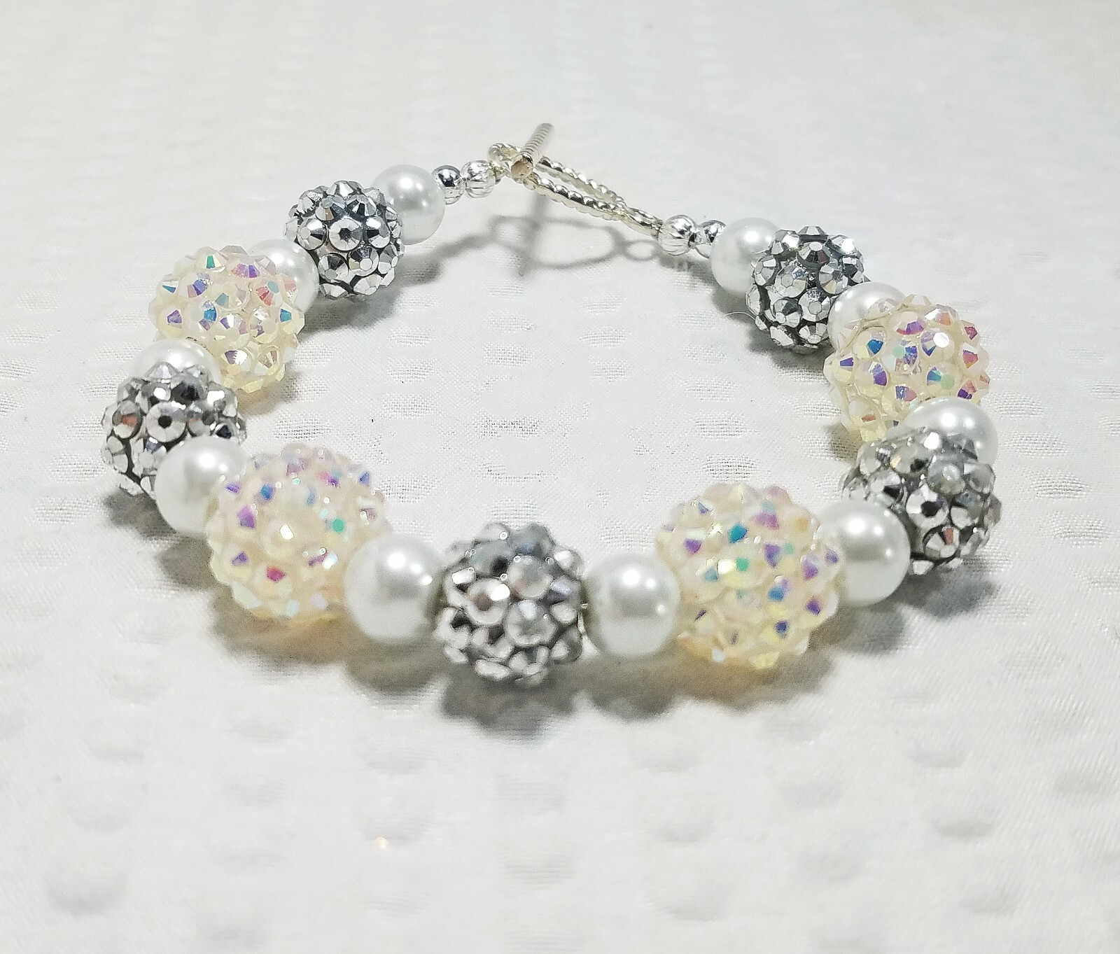 Handcrafted White and Silver Tone Acrylic Pearl Bead Bracelet