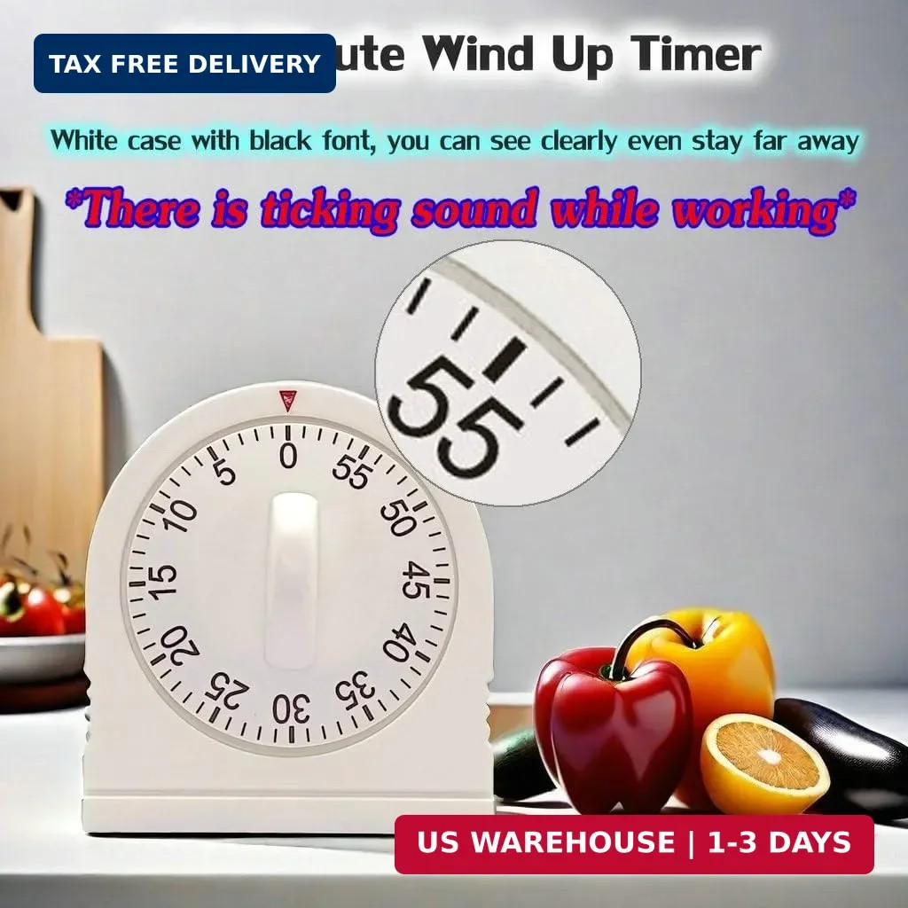 60 Minute Mechanical Wind Up Timer Loud Alarm Visual Countdown White
