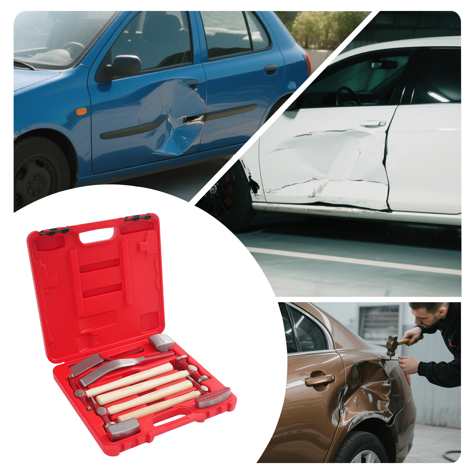 9 PCS Car Dent Removal Tool Kit, Auto Body Repair Hammer Dolly Set with Case