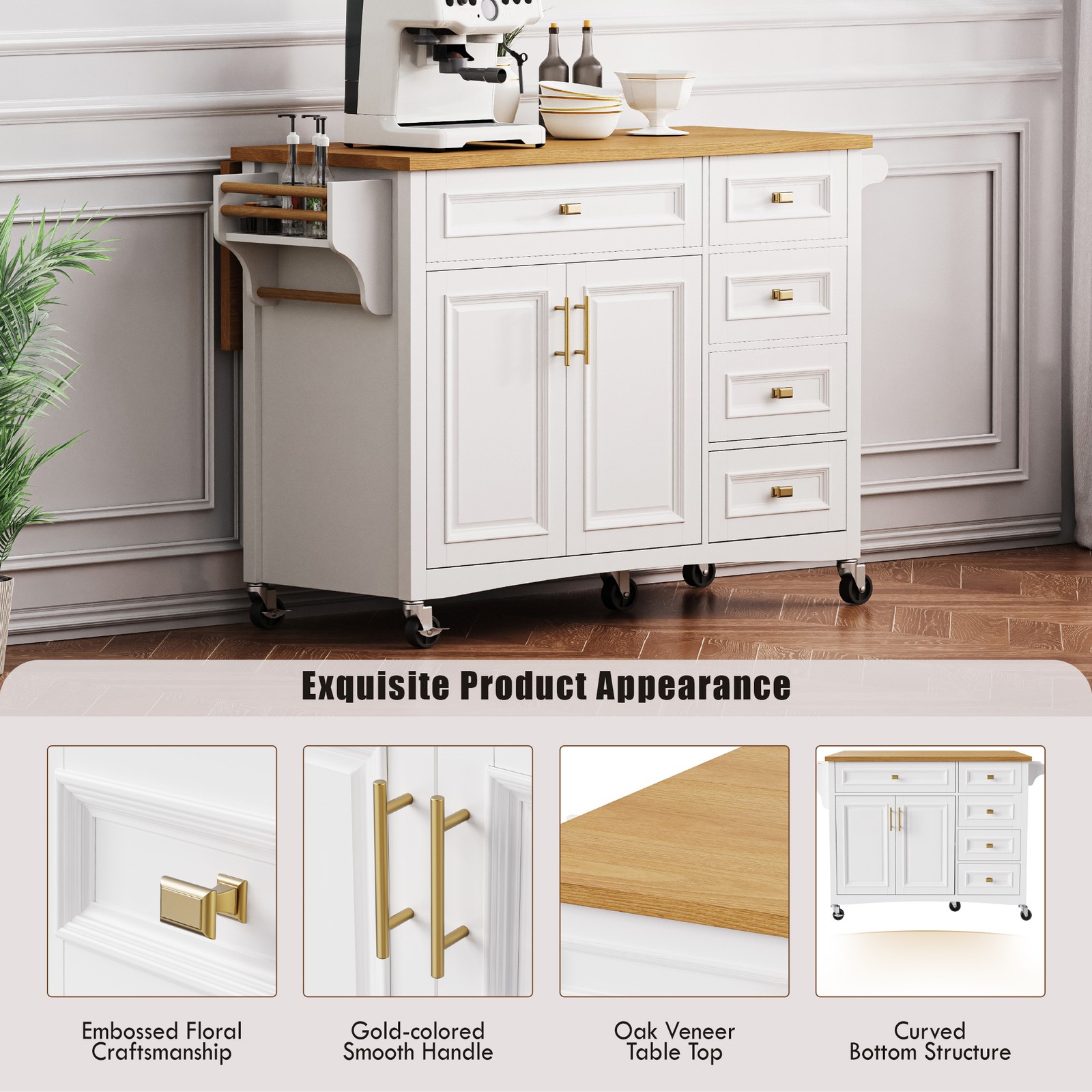 K&K 52'' Kitchen Island with Drop Leaf, Embossed Texture Kitchen Island on Whe