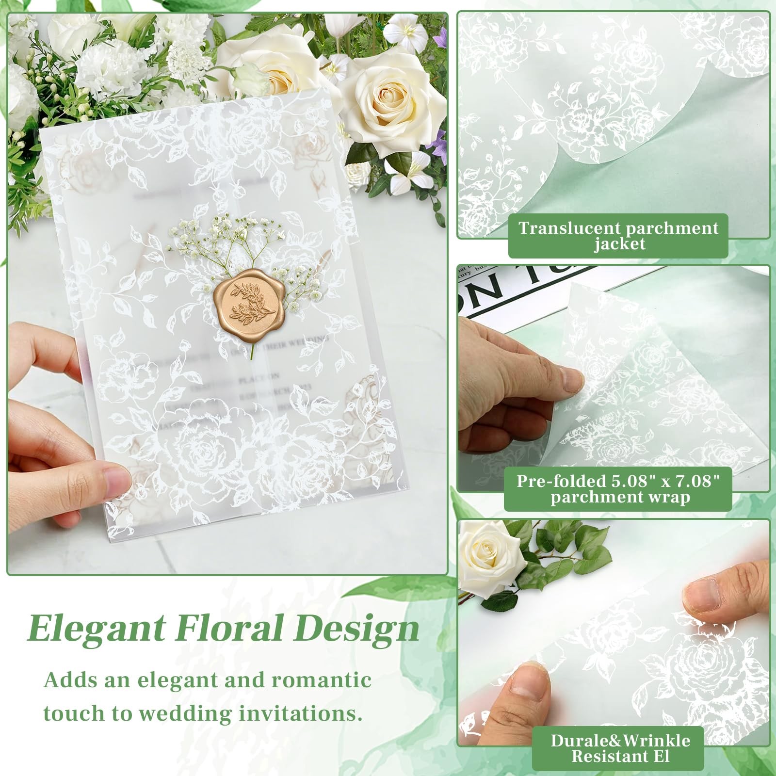 Wedding Invitation Accessories Kit, Pre-Folded Vellum Jackets for 5×7 Invitat...
