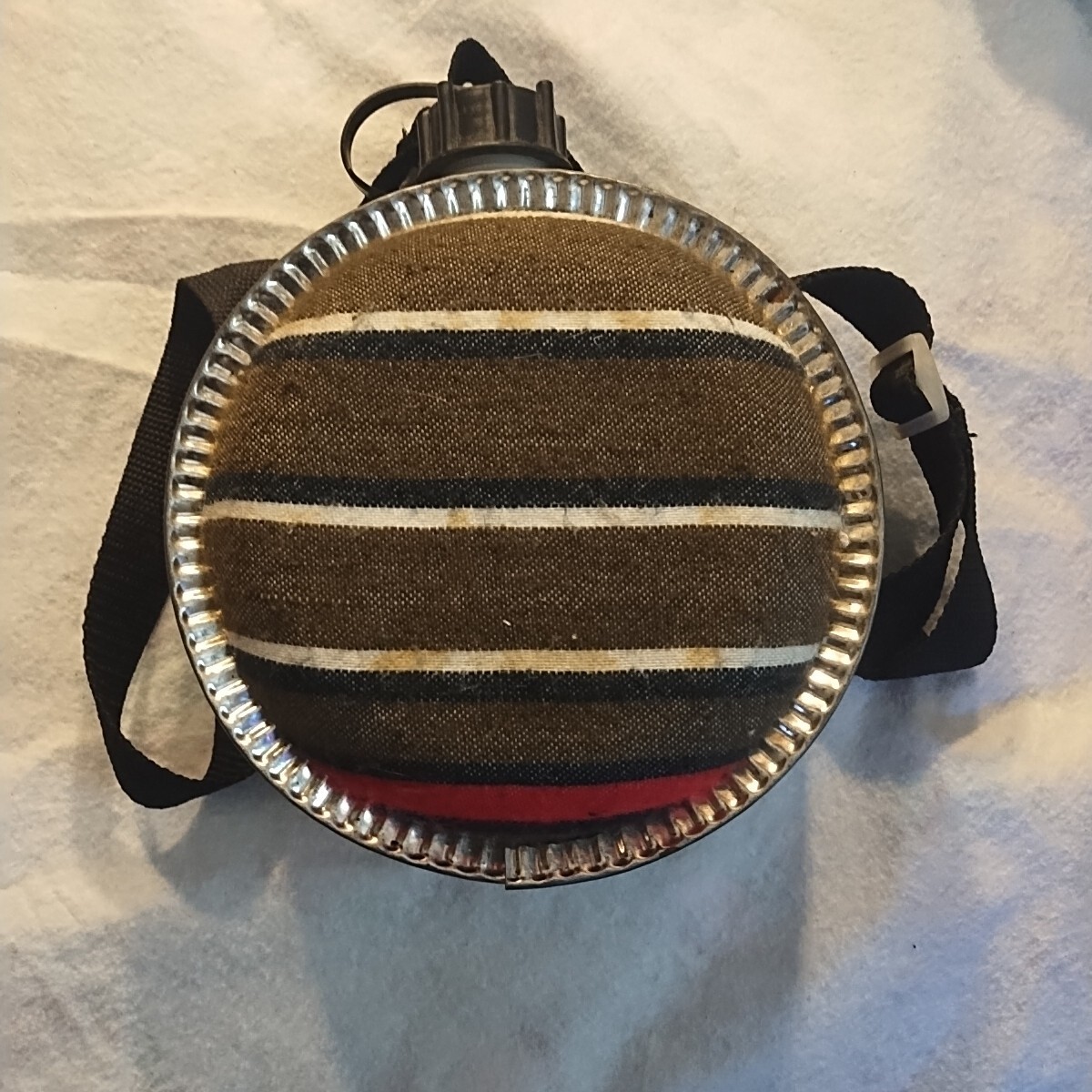 VTG Galvanized Metal Canteen - Wool Flannel Fabric - w/ Strap & Cap - Round