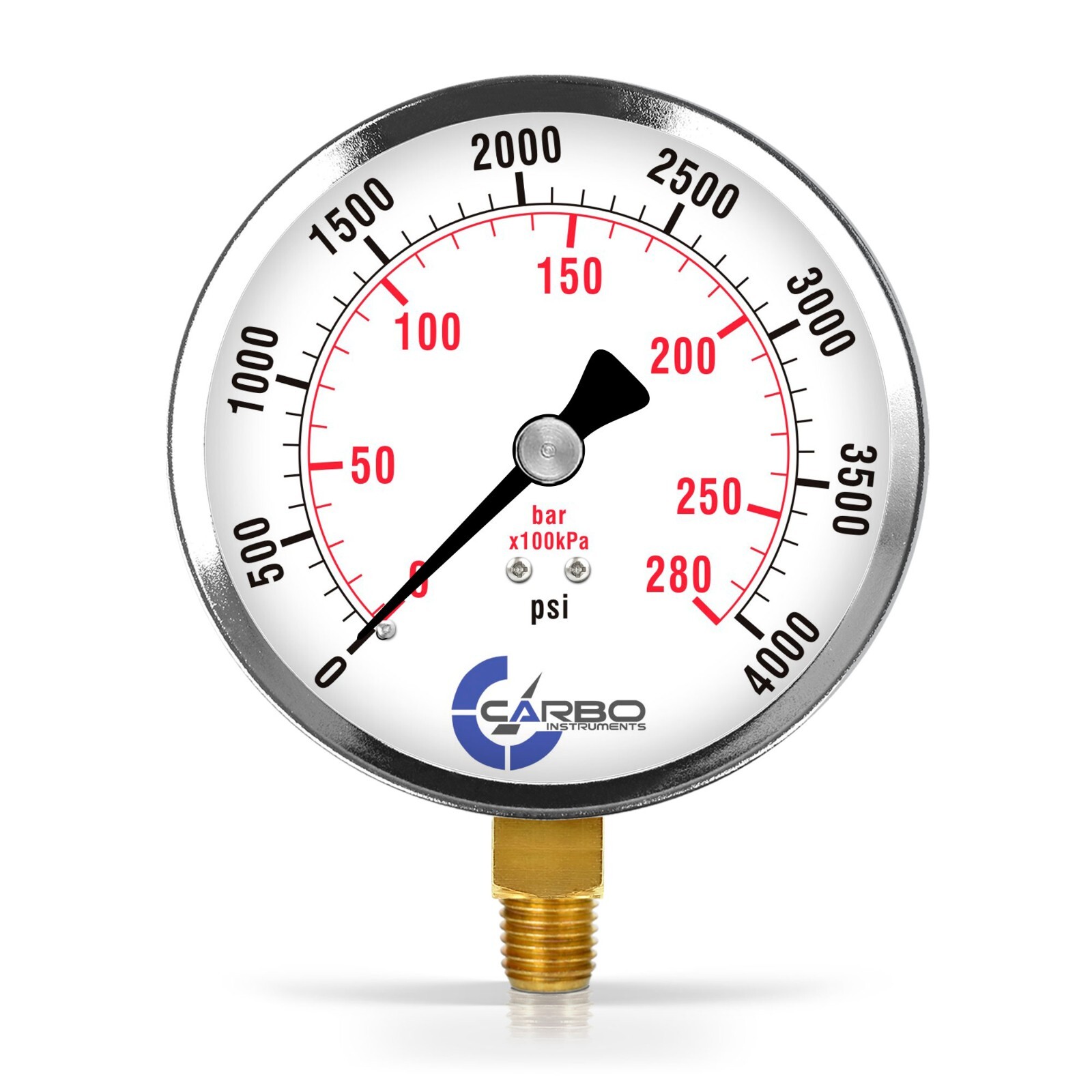 4" Pressure Gauge - Chrome Plated Steel Case, 1/4"NPT, Lower Side Mnt. 4000 PSI