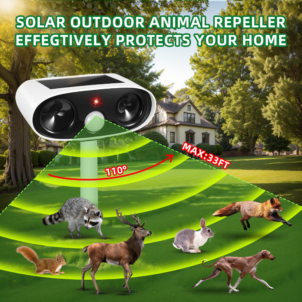 Solar Ultrasonic Animal Repeller Outdoor, Cat Deer Repellent for Garden