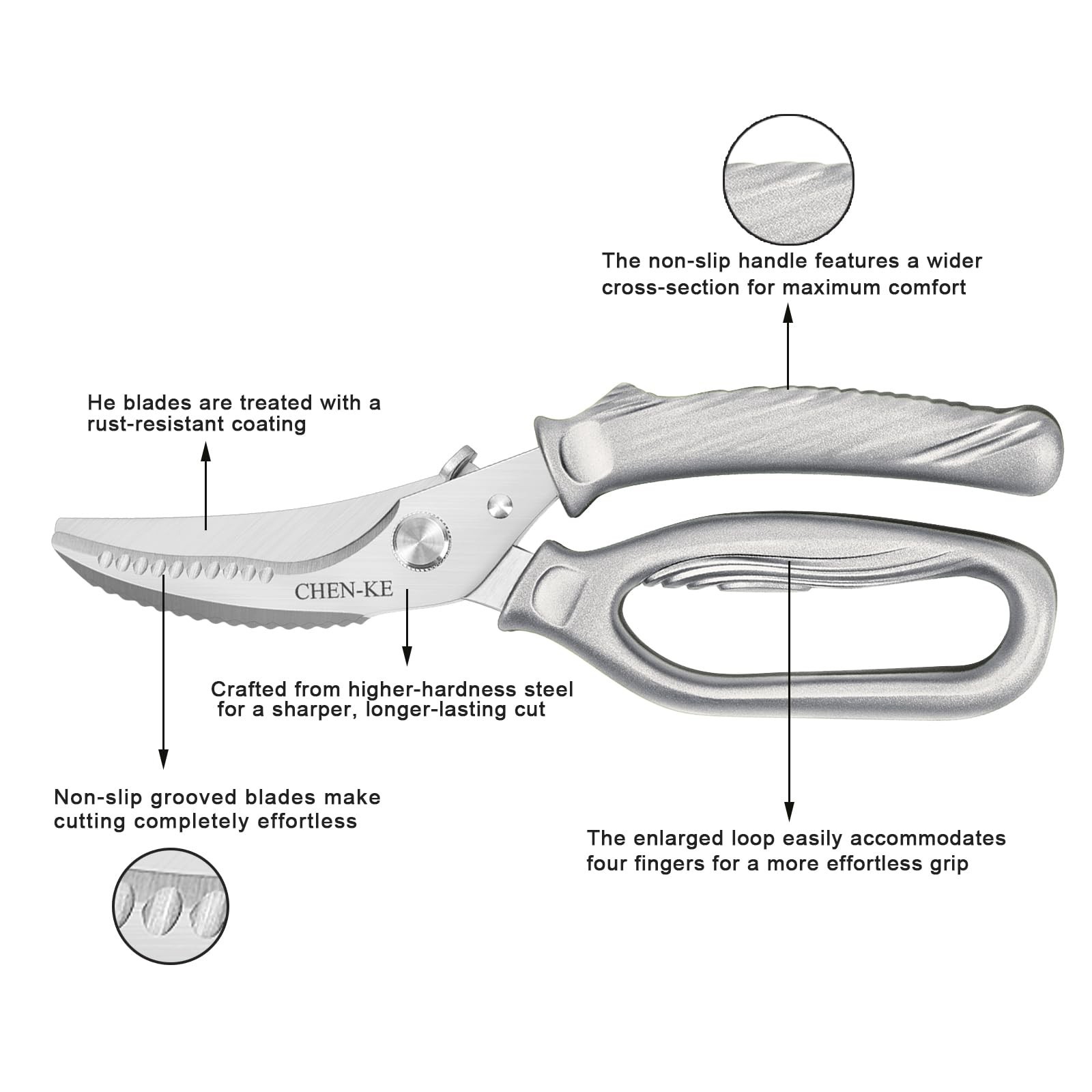 Heavy Duty Stainless Steel Kitchen Scissors, Rust Resistant, Ergonomic Grip, Sha