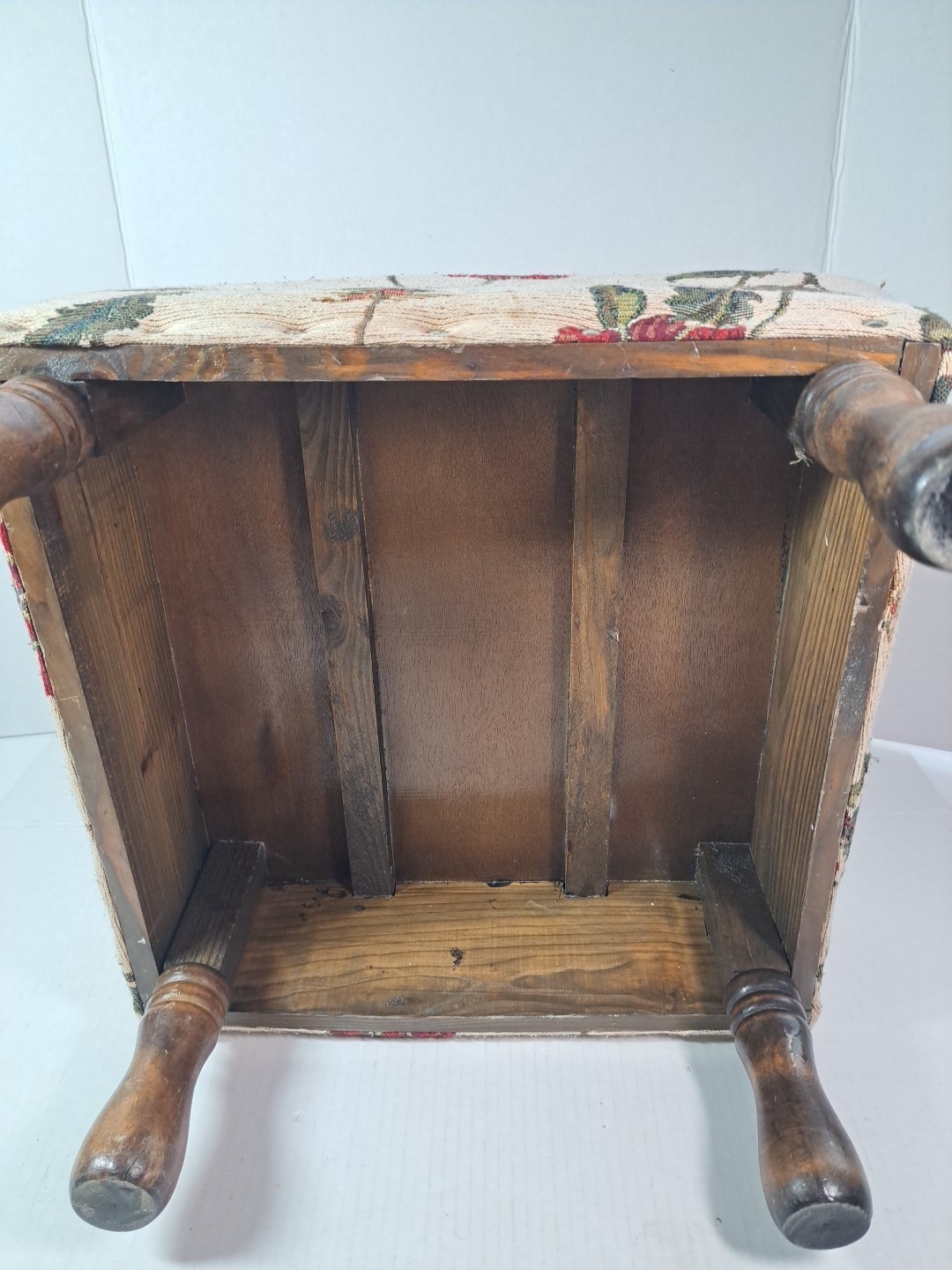Tapestry Covered Footstool Red Poppy Floral Pattern & Wooden Legs