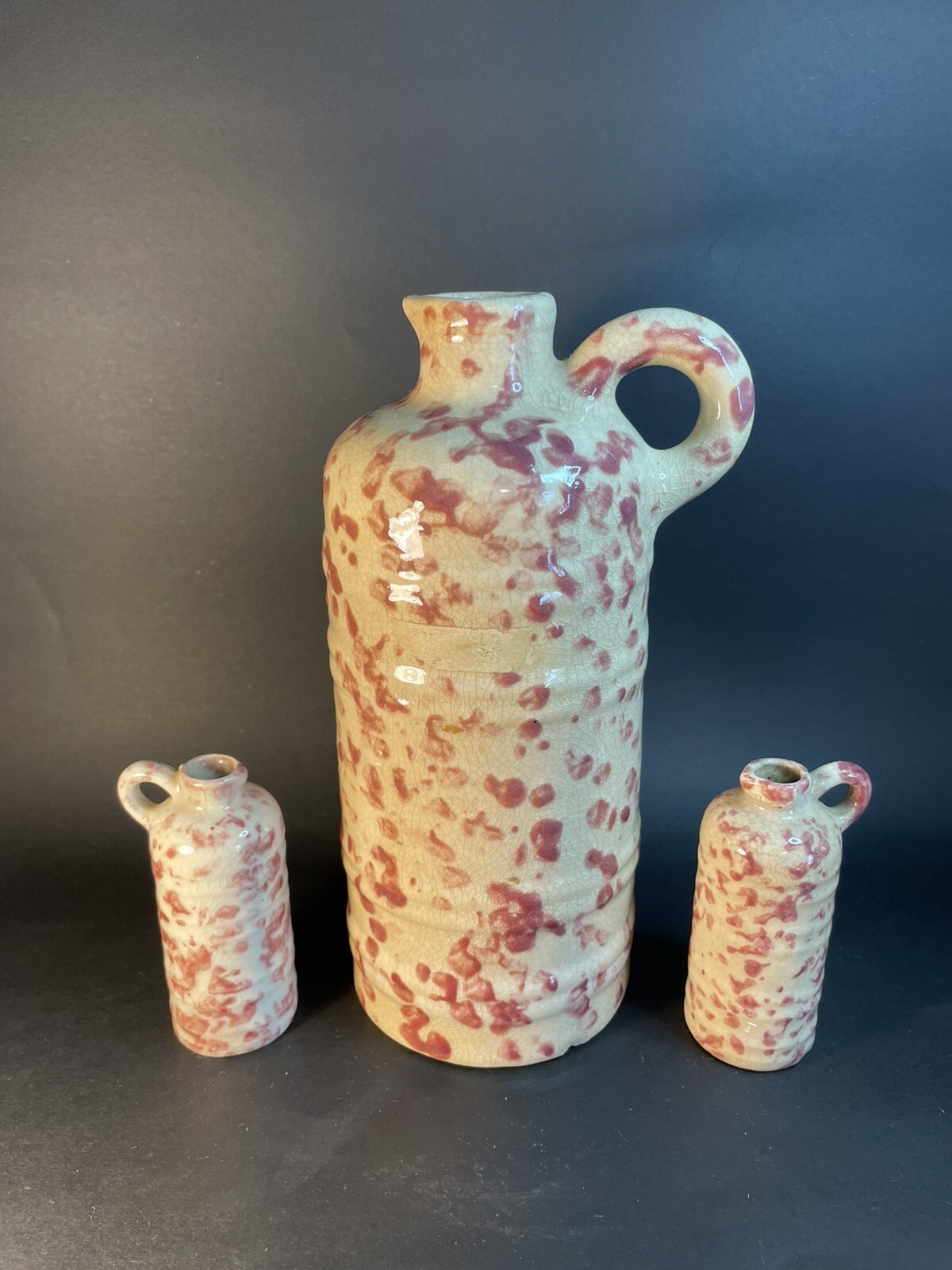 3 Vintage Mohawk Cranberry Stoneware Spongeware Liqueur Jugs 4” & 9”