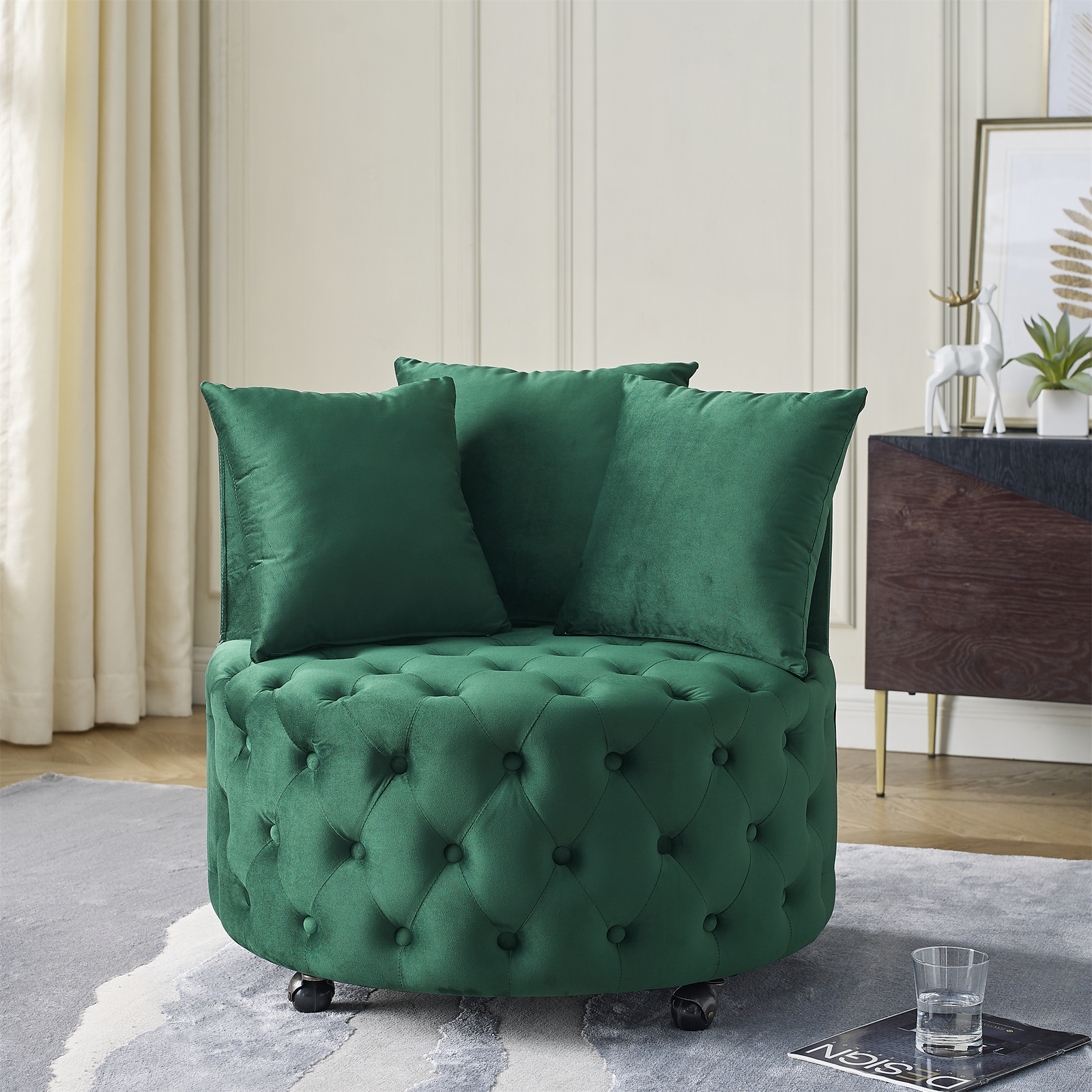 Velvet Upholstered Accent Chair Sofa Lounge Club Round Chair Living Room Green