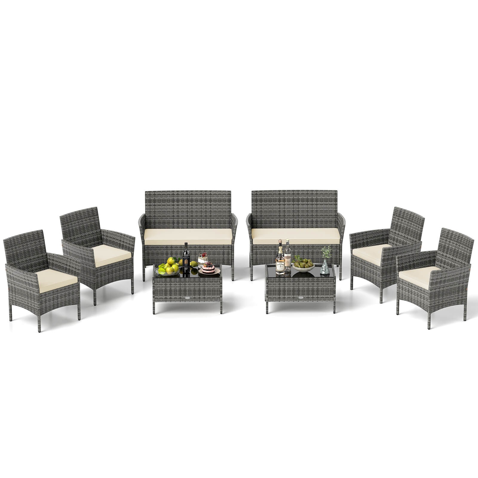 8 PCS Patio Furniture Set w/Washable Cushions and Tempered Glass Coffee Table