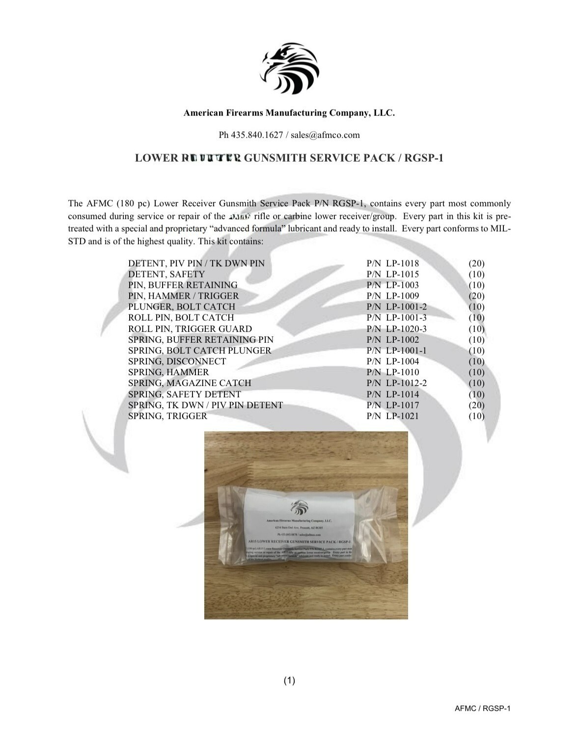 AFMC LOWER ASSY GUNSMITH SERVICE PACK / 180 PCS / NEW