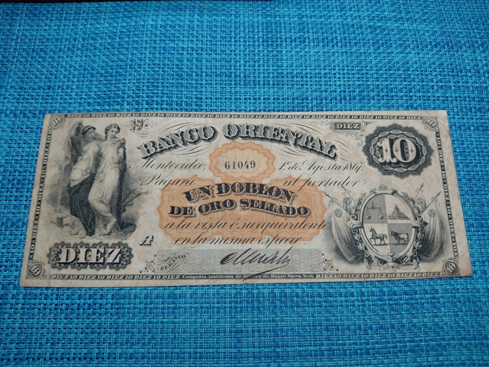 🇺🇾 Uruguay Banco Oriental 10 pesos 1867 P-S385 VF  banknotes 041726-1