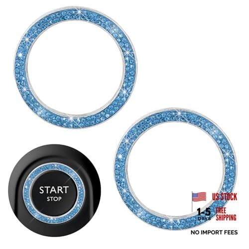 2PCS Car Bling Engine Start Ring Decal, Crystal Auto Push Start Light Blue