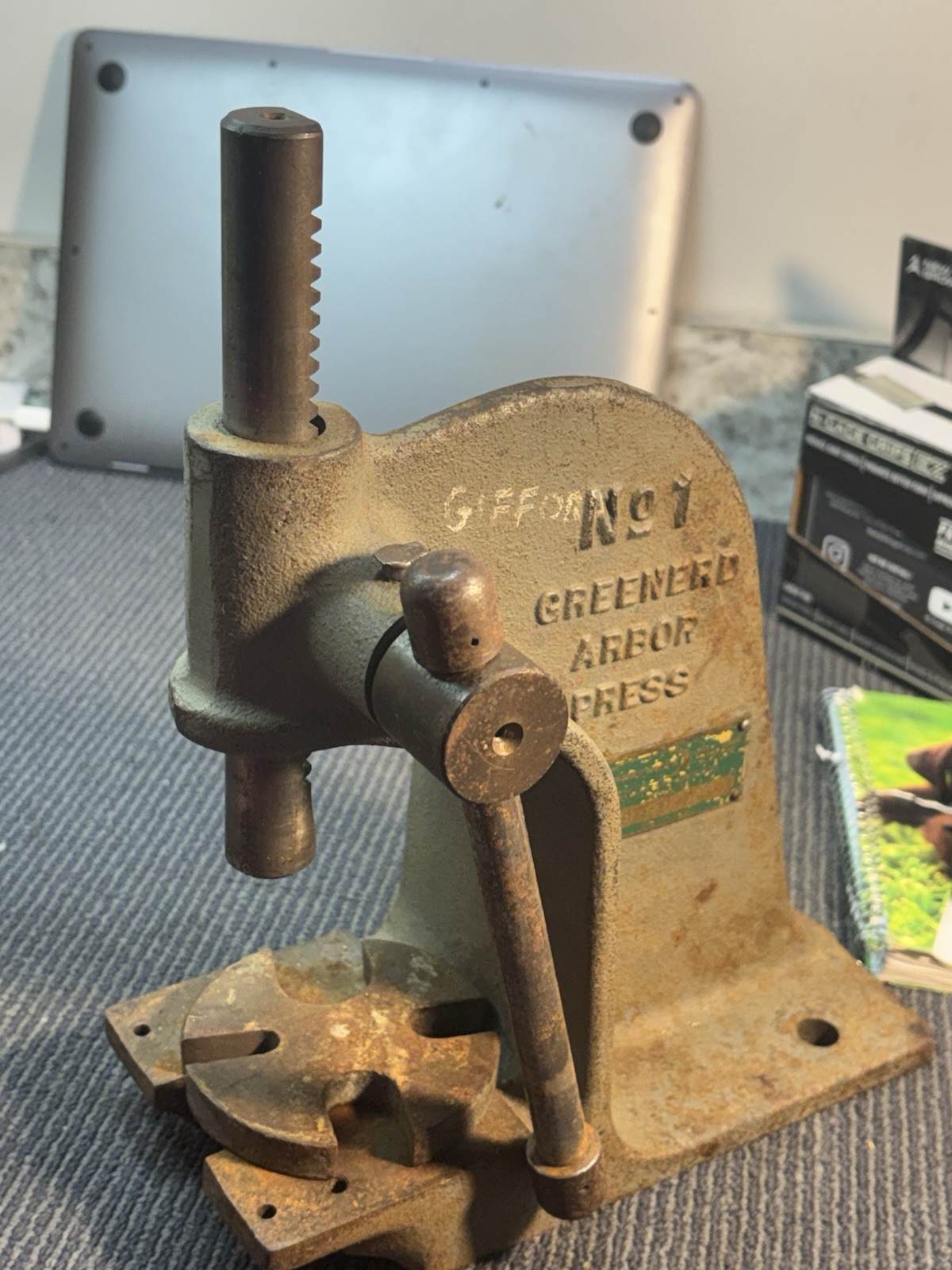 Greenerd No. 1 Manual Cast Iron Arbor Press Bench Mount Tool Made In USA ID Tag