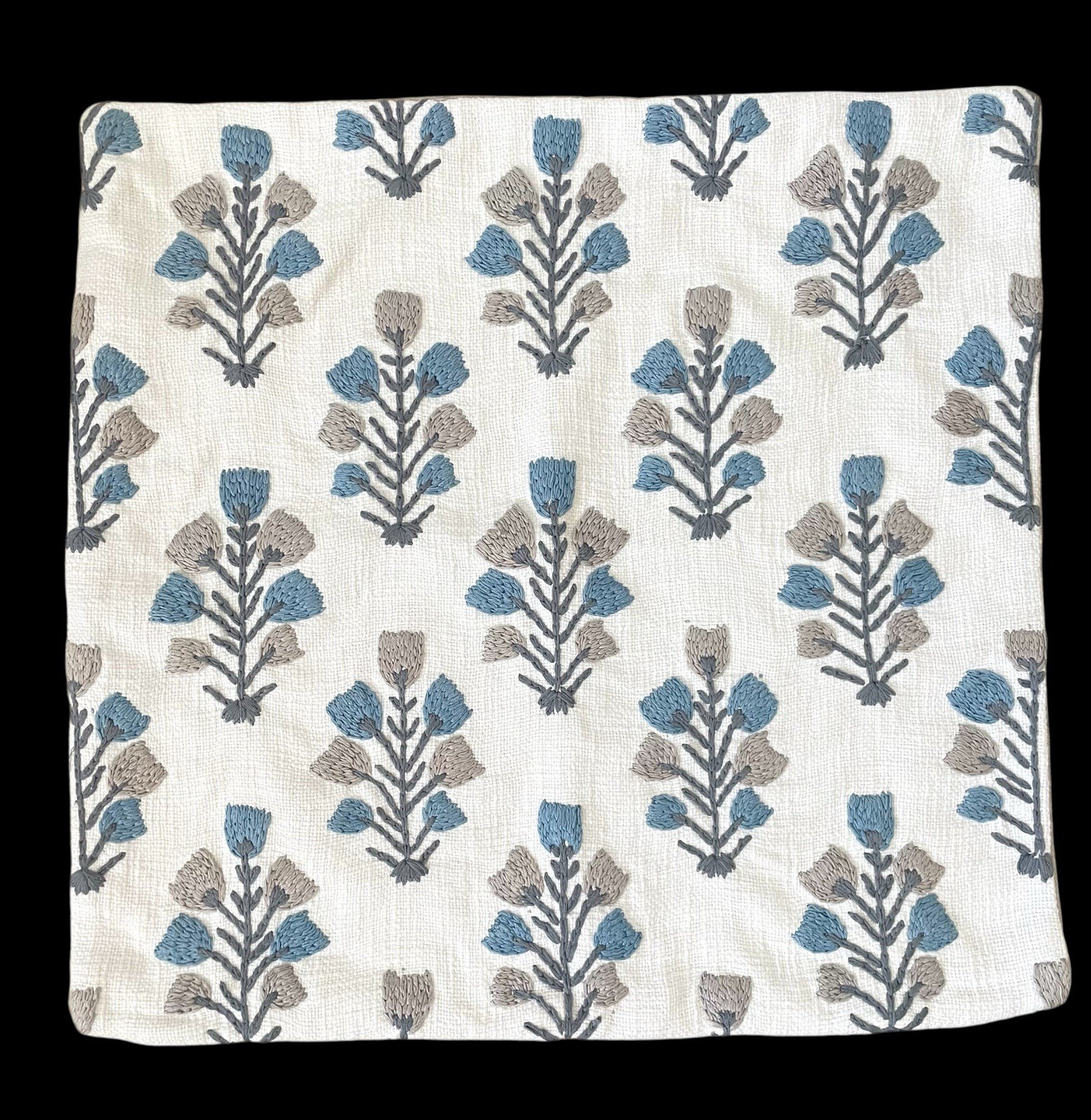 Pottery Barn Crewel Floral 22” Pillow Cover Blue  Blue, Gray, White